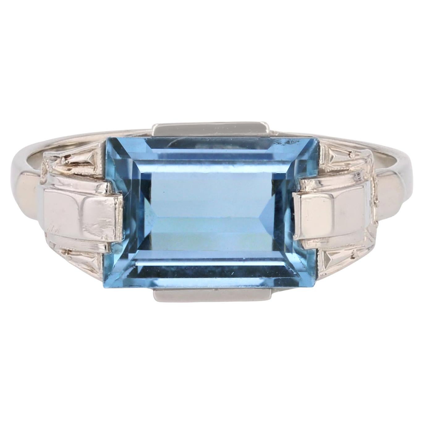 Anello francese Art Déco del 1925 con acquamarina in oro bianco 18 carati