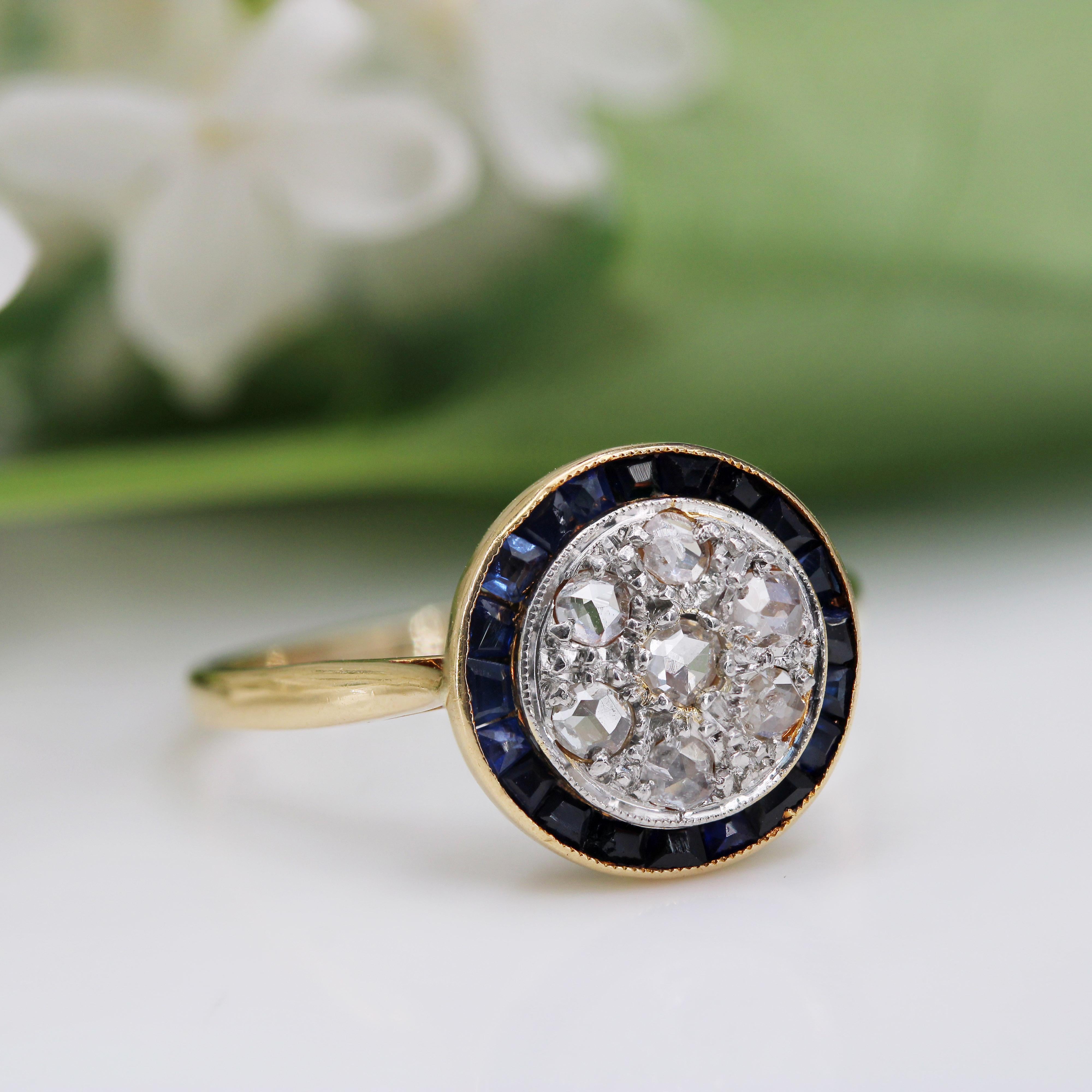 French 1925s Art Deco Calibrated sapphires Diamonds 18 Karat Yellow Gold Ring 7