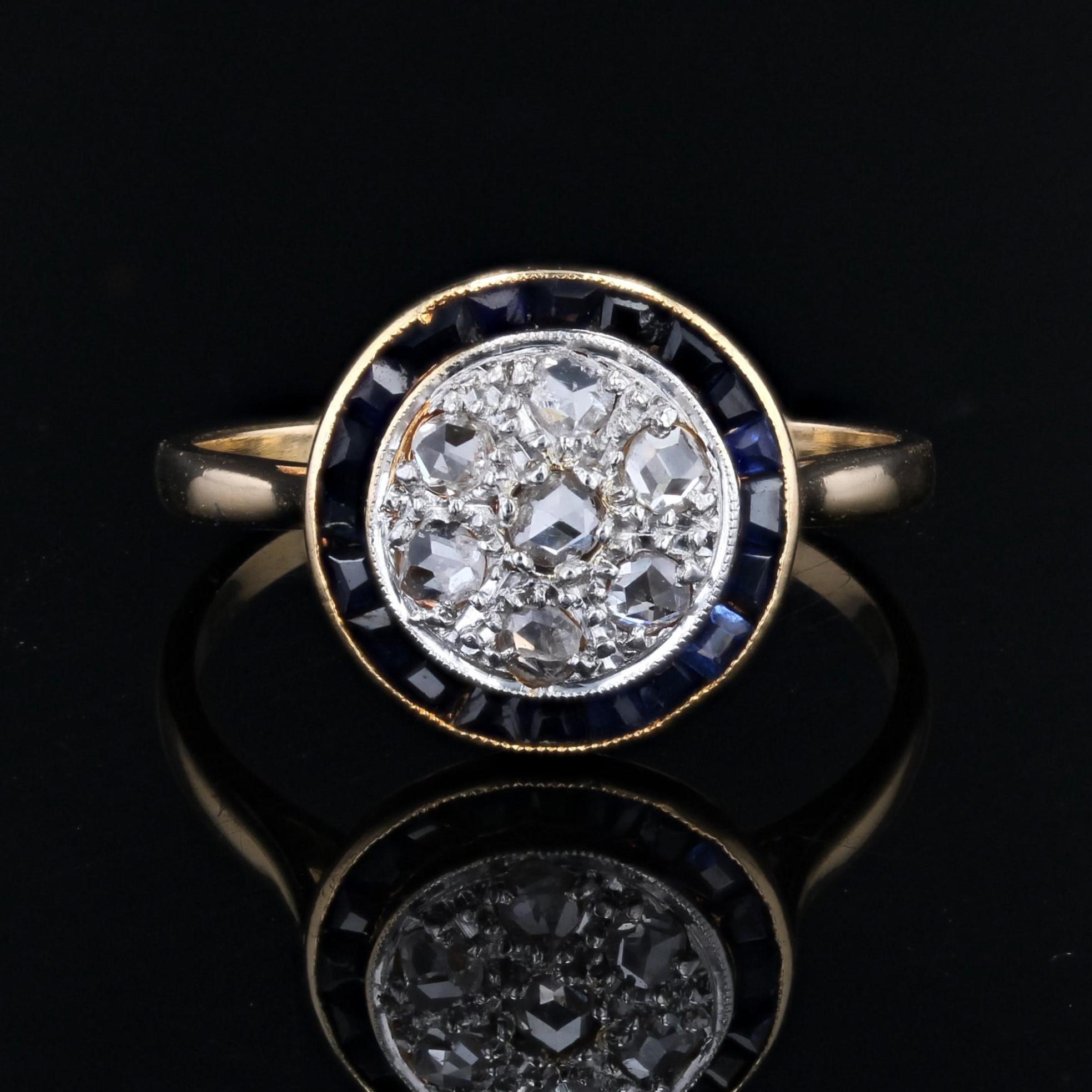 Women's French 1925s Art Deco Calibrated sapphires Diamonds 18 Karat Yellow Gold Ring