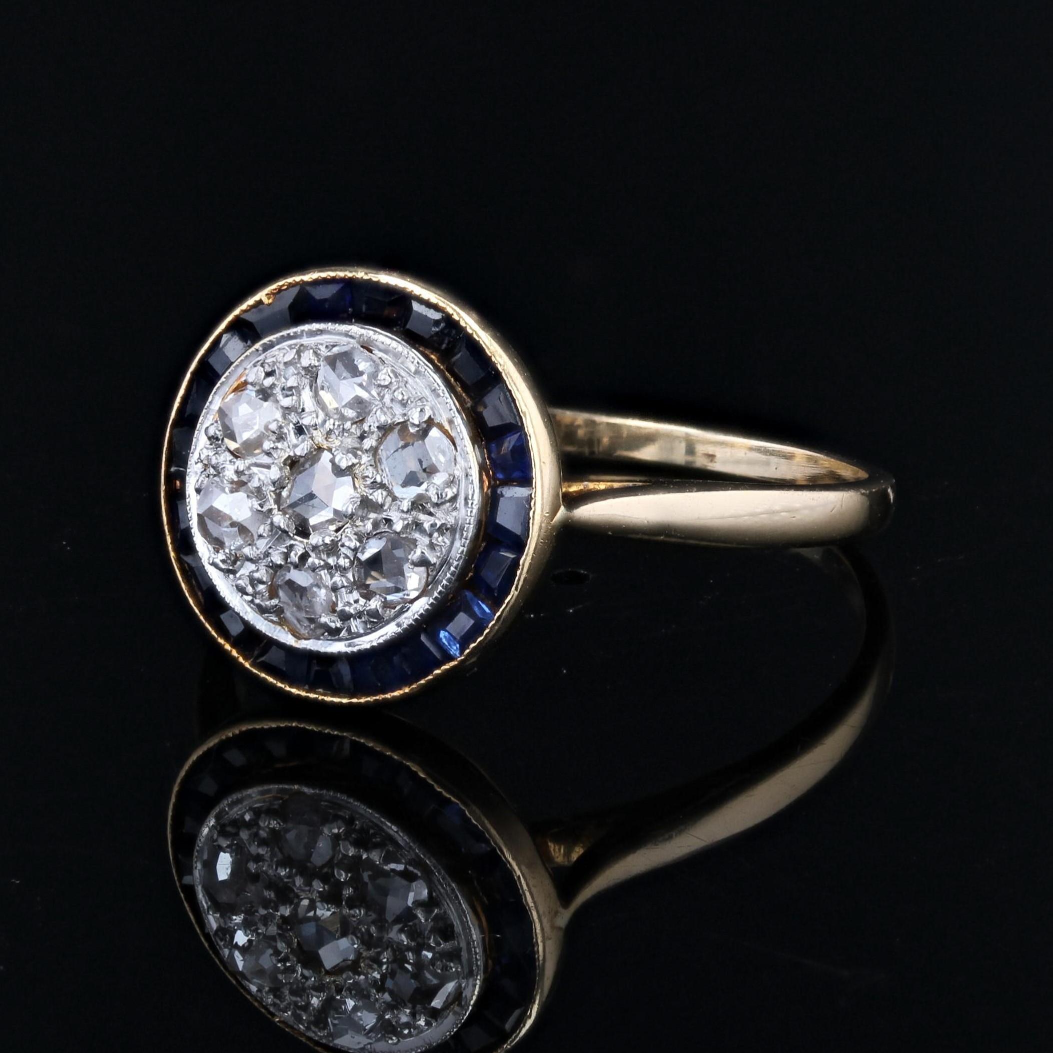 French 1925s Art Deco Calibrated sapphires Diamonds 18 Karat Yellow Gold Ring 2