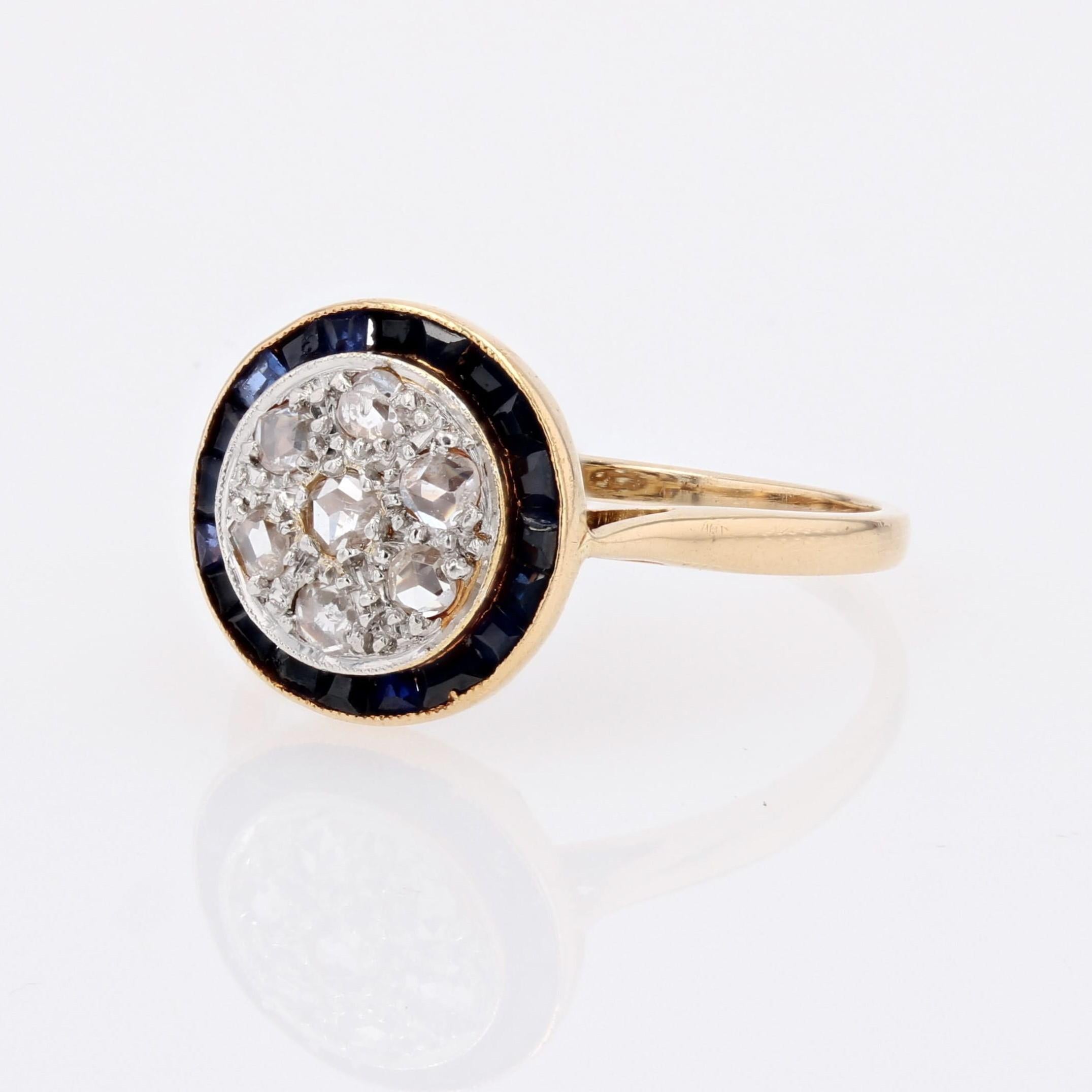 French 1925s Art Deco Calibrated sapphires Diamonds 18 Karat Yellow Gold Ring 3