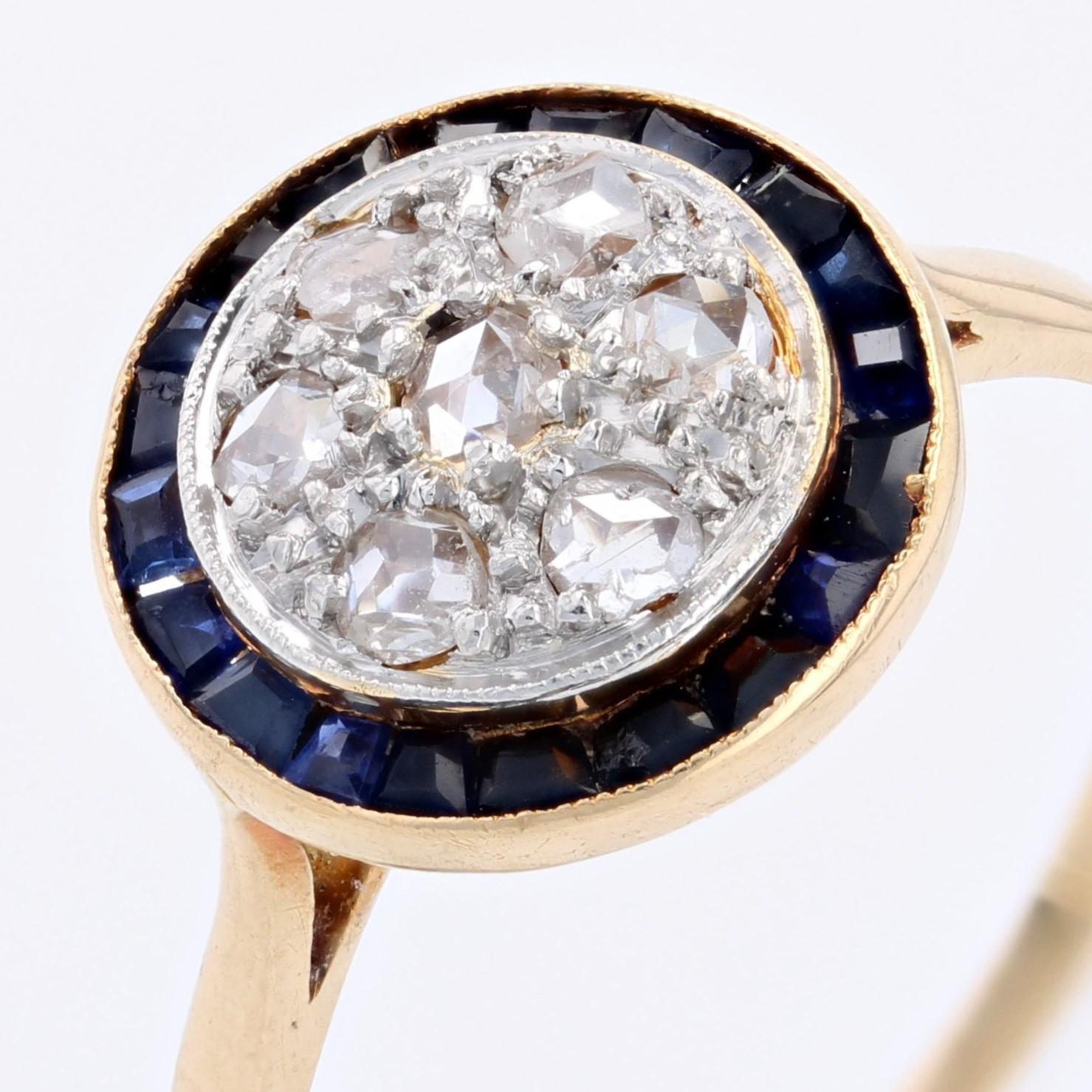 French 1925s Art Deco Calibrated sapphires Diamonds 18 Karat Yellow Gold Ring 4