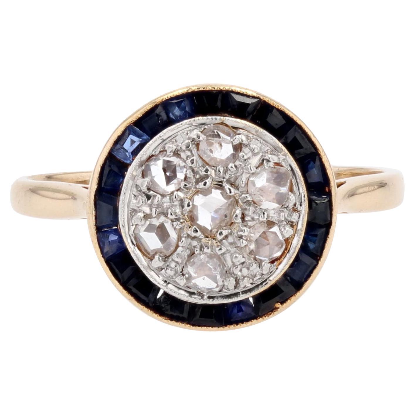 French 1925s Art Deco Calibrated sapphires Diamonds 18 Karat Yellow Gold Ring