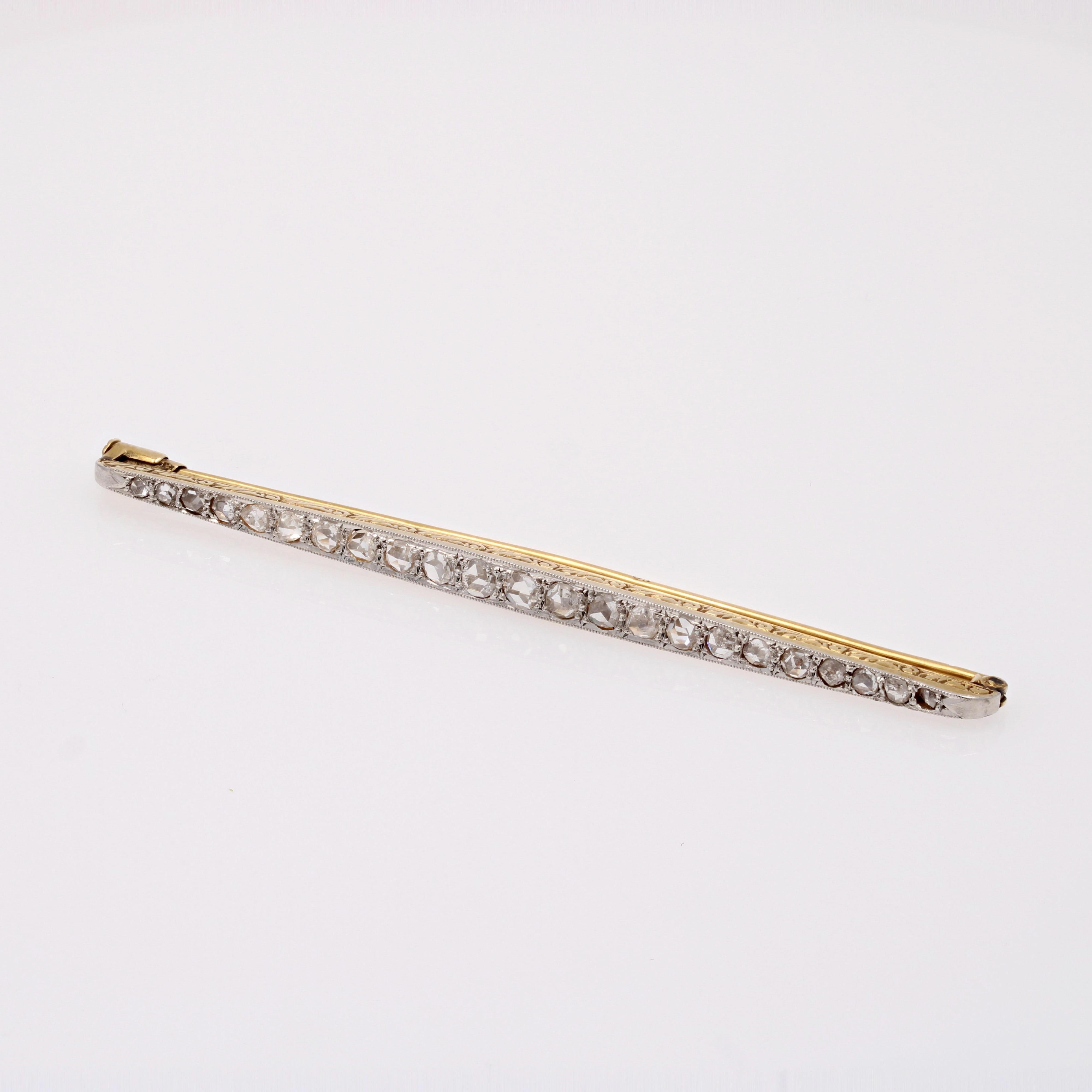 French 1925s Art deco Diamonds 18 Karats Yellow Gold Platinum Bar Brooch In Good Condition For Sale In Poitiers, FR