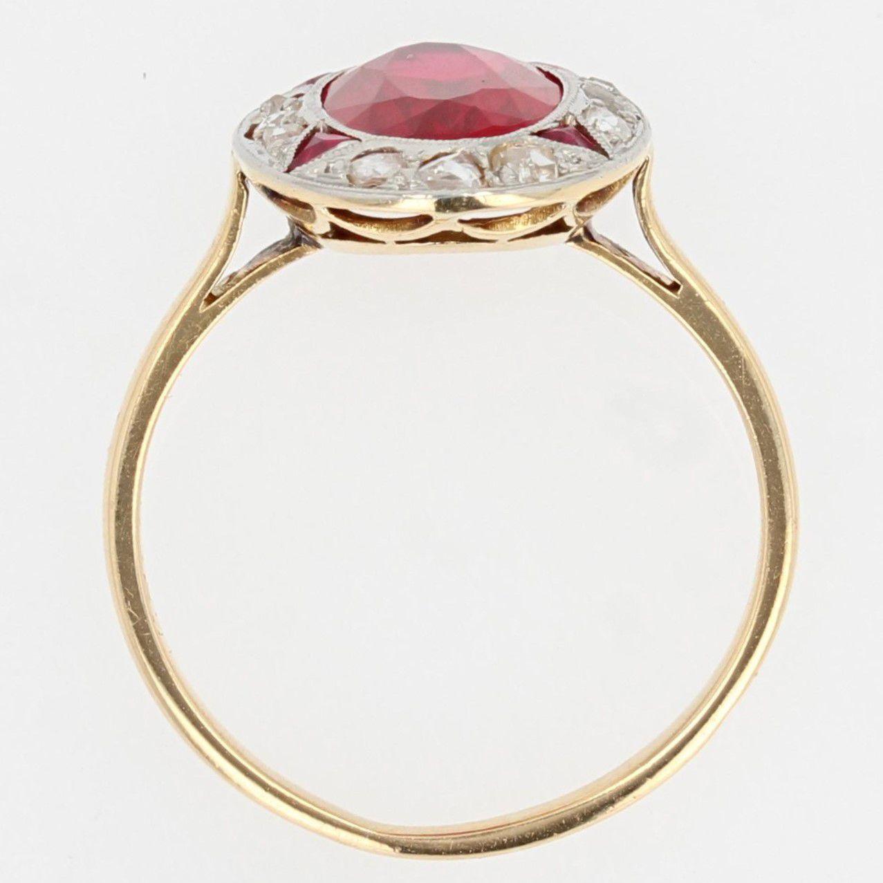 French 1925s Art Deco Diamonds Verneuil Ruby 18 Karat Yellow Gold Ring 5