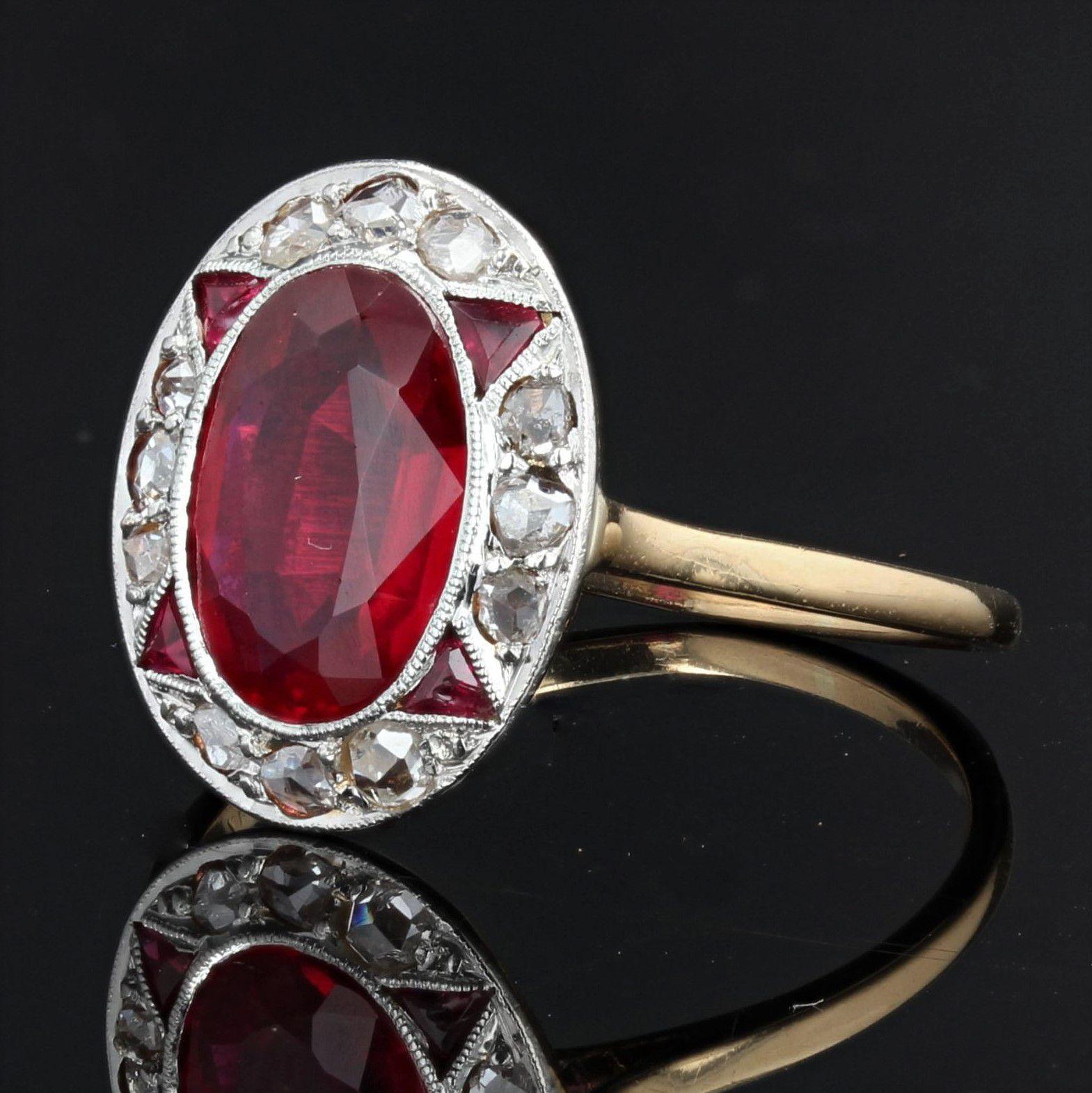 Oval Cut French 1925s Art Deco Diamonds Verneuil Ruby 18 Karat Yellow Gold Ring