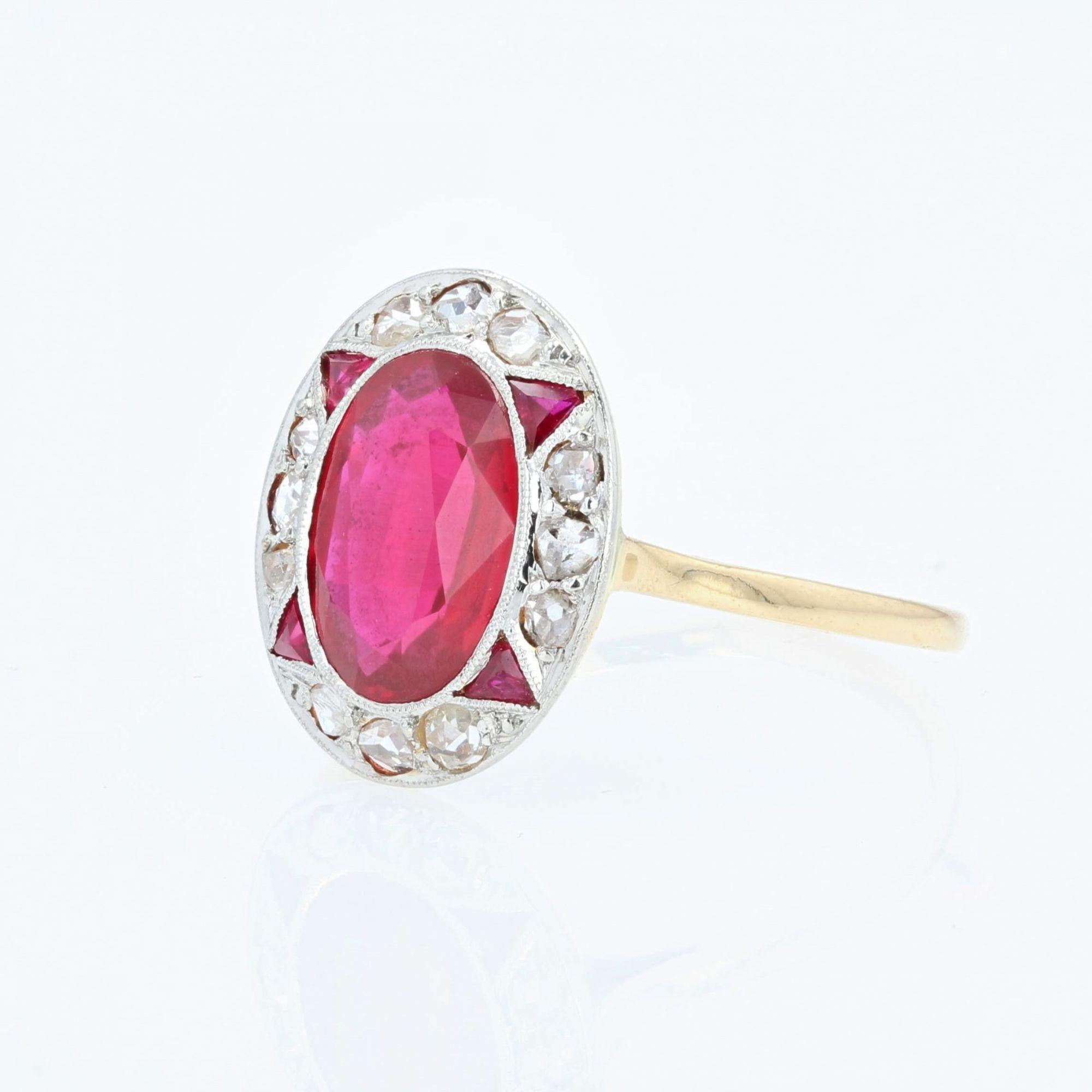 Women's French 1925s Art Deco Diamonds Verneuil Ruby 18 Karat Yellow Gold Ring