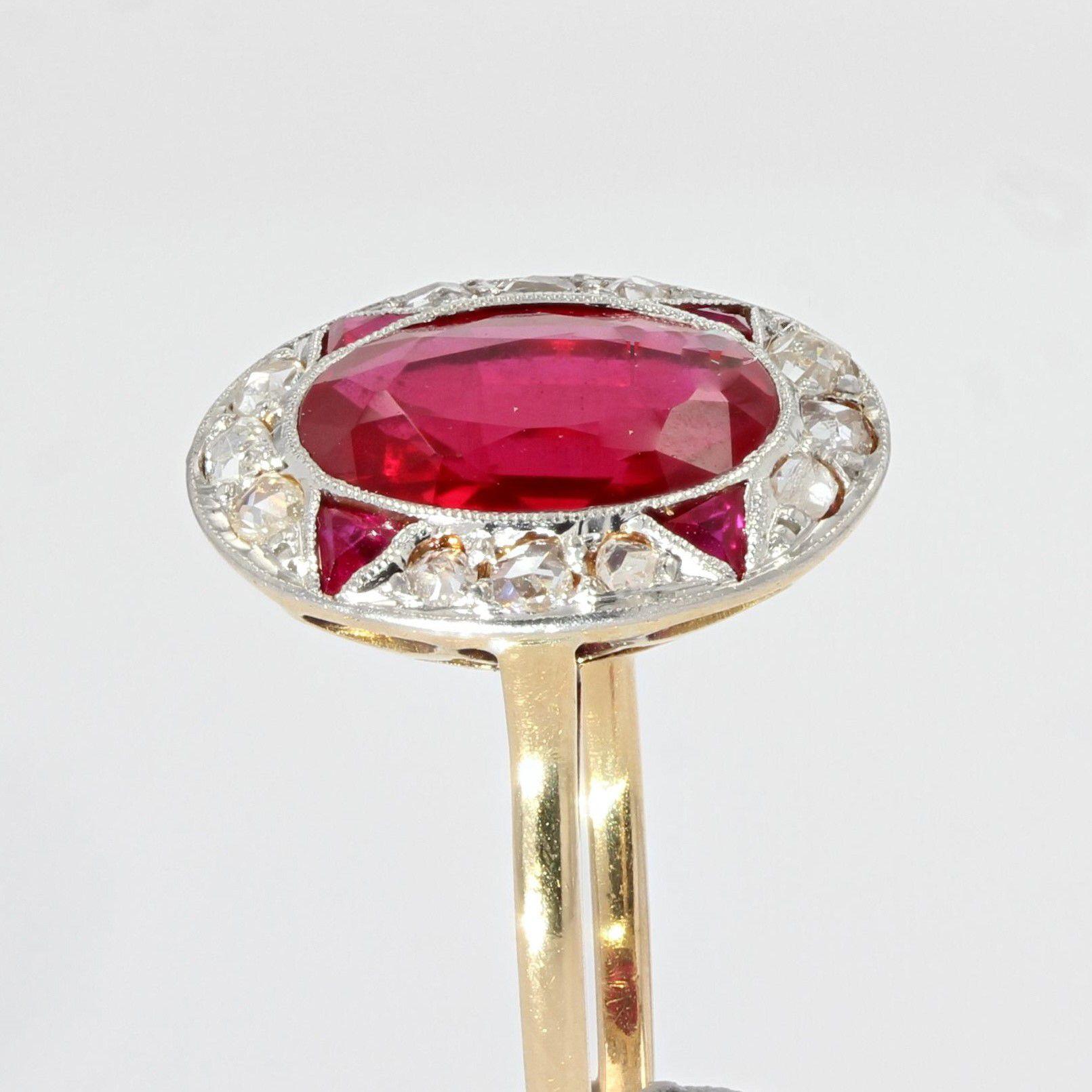 French 1925s Art Deco Diamonds Verneuil Ruby 18 Karat Yellow Gold Ring 1