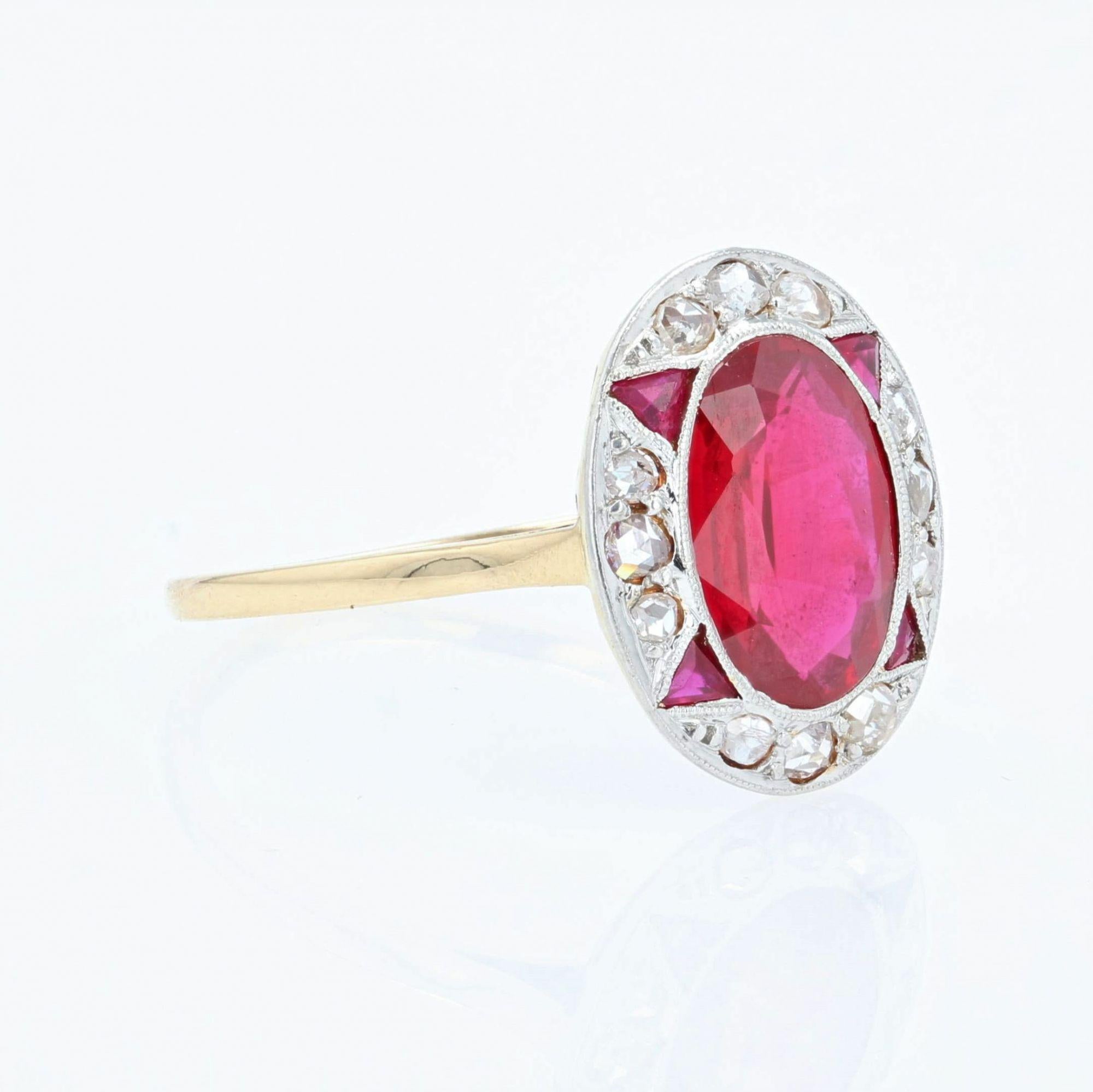 French 1925s Art Deco Diamonds Verneuil Ruby 18 Karat Yellow Gold Ring 2