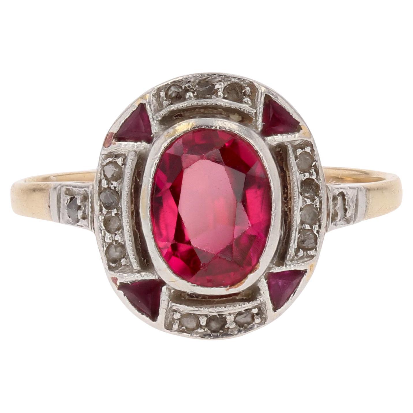 French 1925s Art Deco Diamonds Verneuil Ruby 18 Karat Yellow Gold Ring