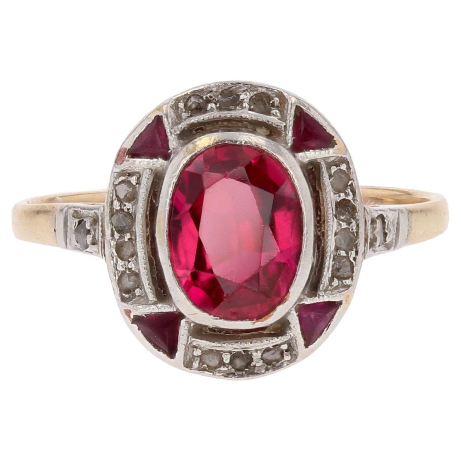 French 1925s Art Deco Diamonds Verneuil Ruby 18 Karat Yellow Gold Ring