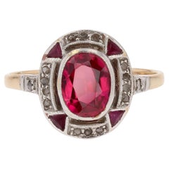 French 1925s Art Deco Diamonds Verneuil Ruby 18 Karat Yellow Gold Ring
