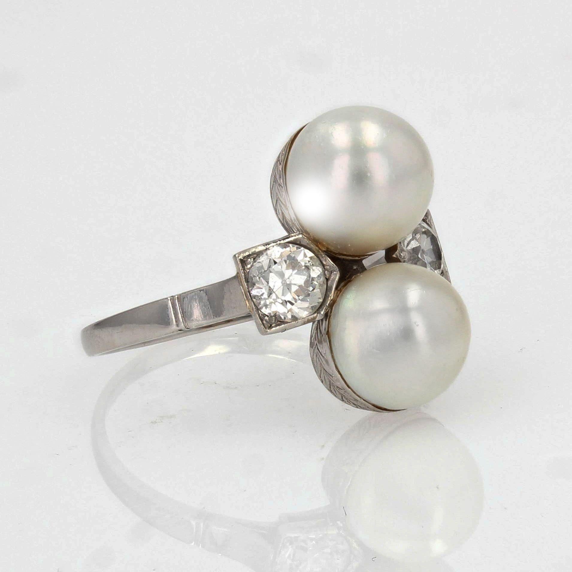 French 1925s Art Deco Fine Pearl Diamond Platinum You and Me Ring For Sale 5