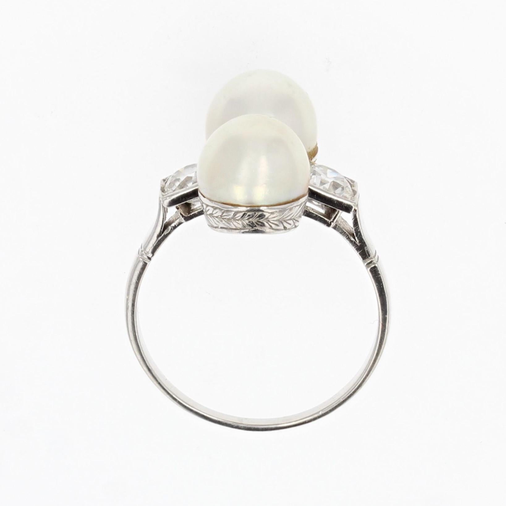 French 1925s Art Deco Fine Pearl Diamond Platinum You and Me Ring For Sale 10