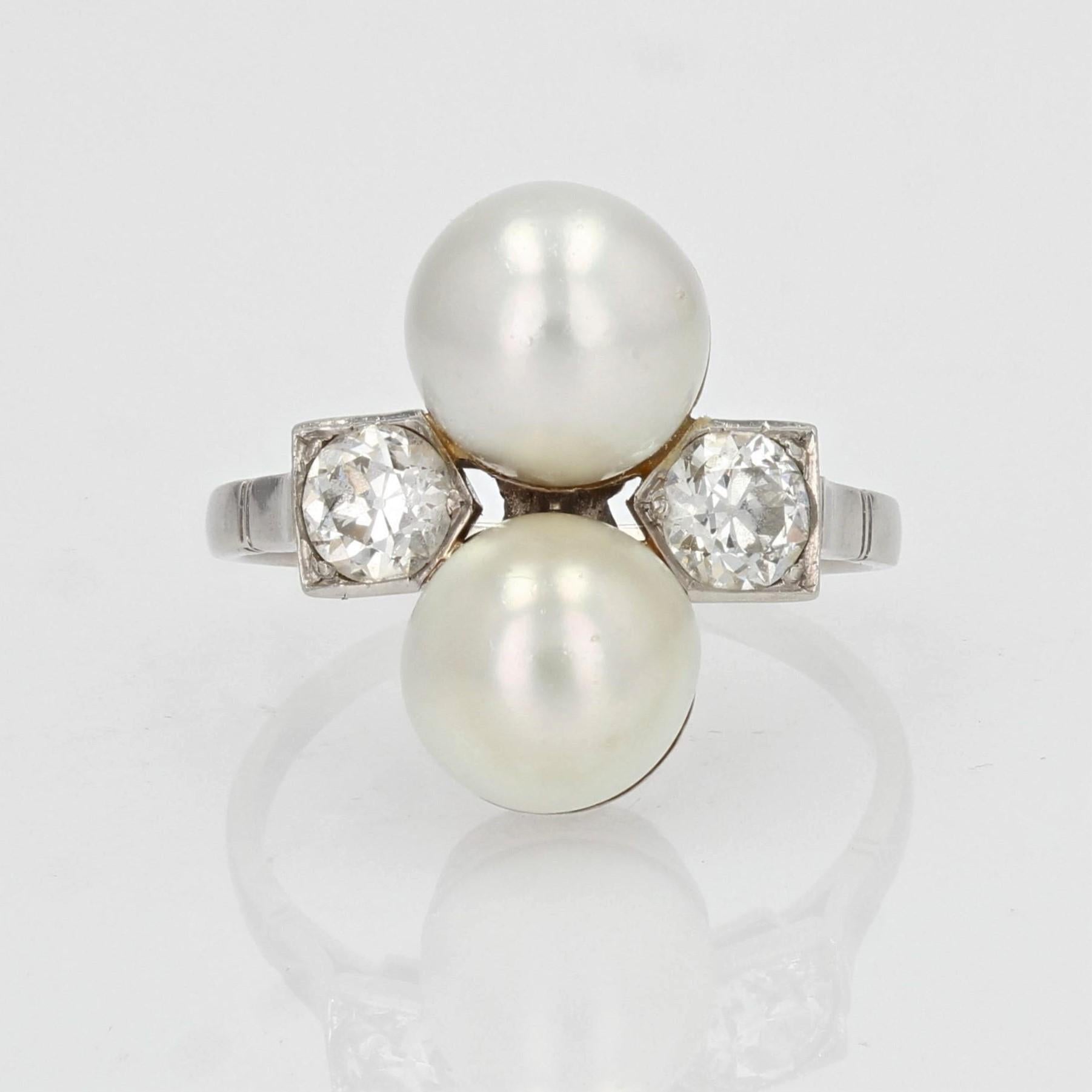 French 1925s Art Deco Fine Pearl Diamond Platinum You and Me Ring For Sale 11