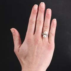 French 1925s Art Deco Fine Pearl Diamond Platinum You and Me Ring