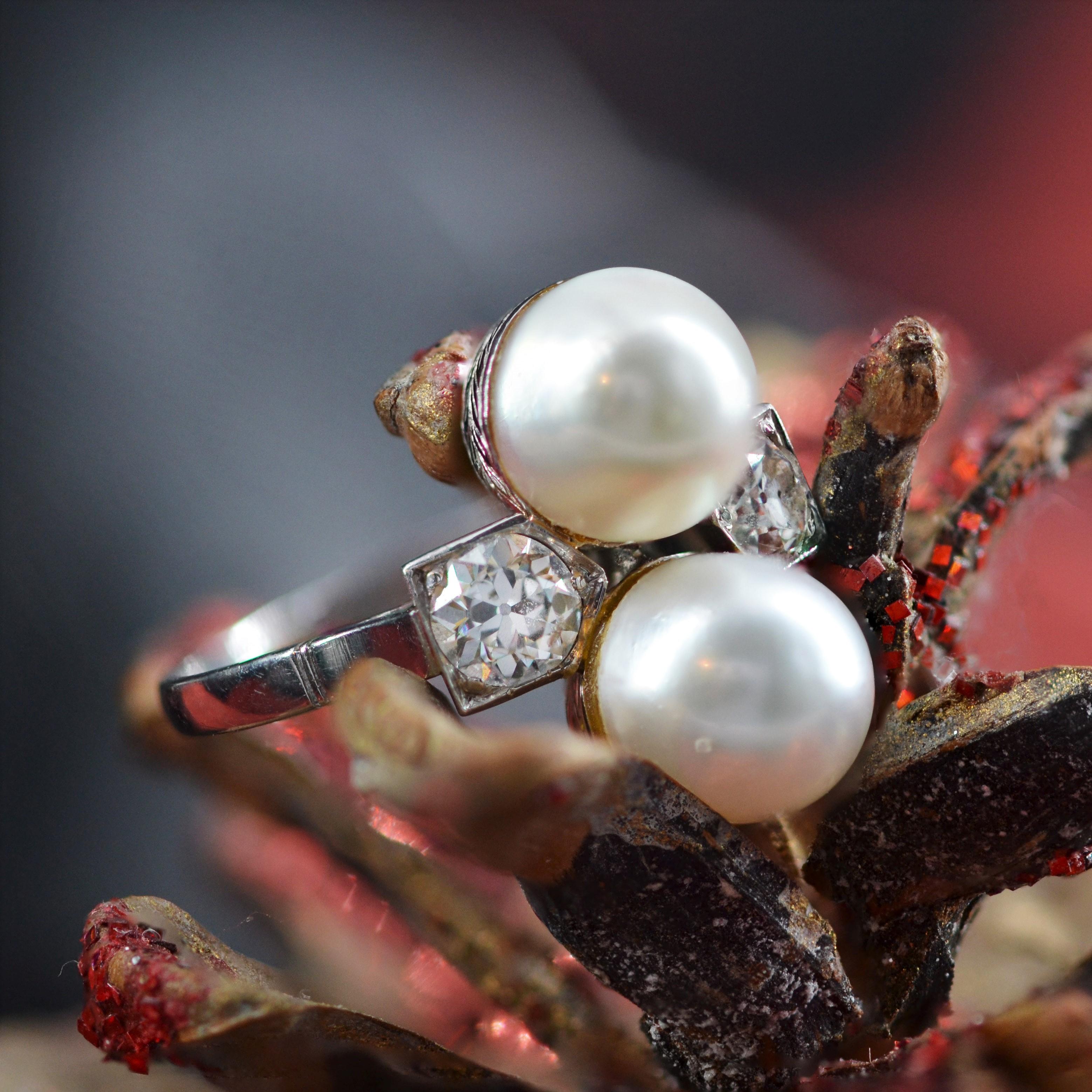 Bead French 1925s Art Deco Fine Pearl Diamond Platinum You and Me Ring For Sale