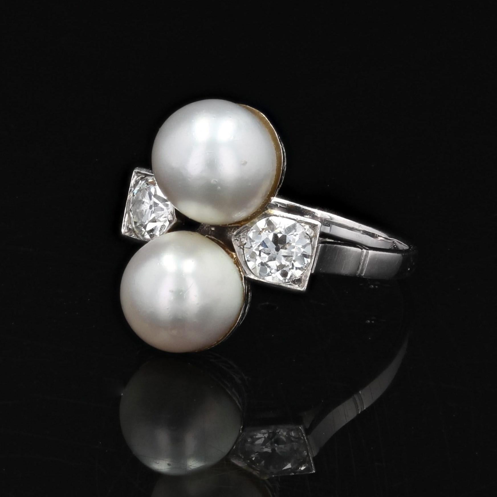 French 1925s Art Deco Fine Pearl Diamond Platinum You and Me Ring For Sale 1