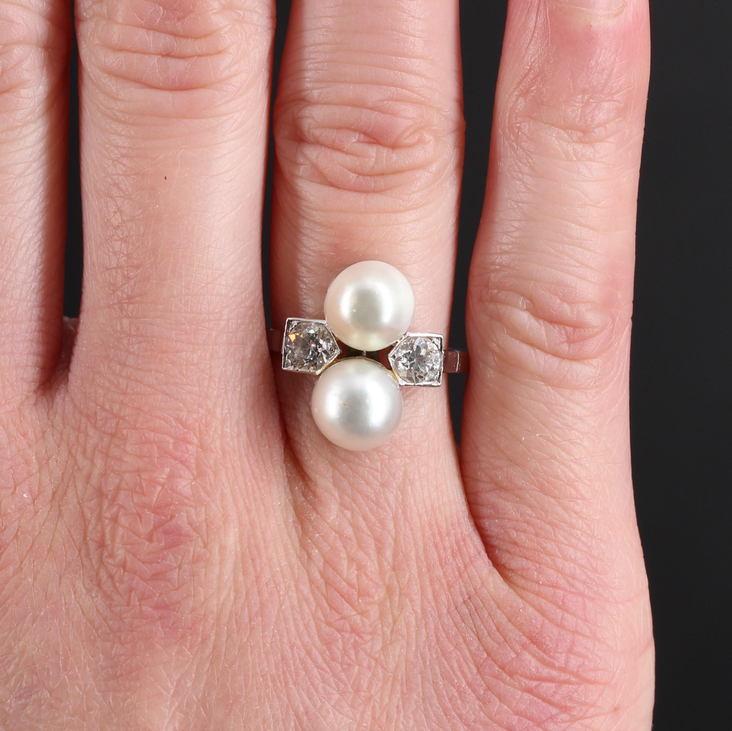 French 1925s Art Deco Fine Pearl Diamond Platinum You and Me Ring For Sale 2
