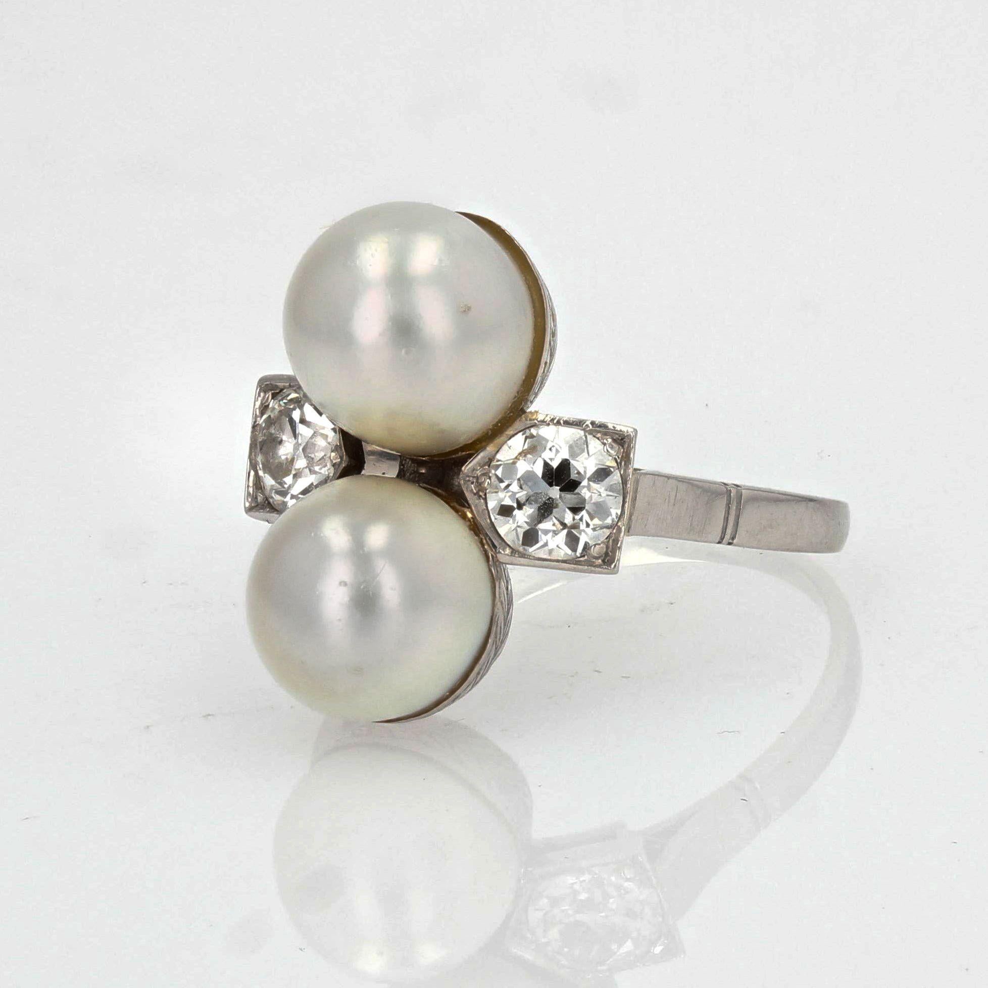 French 1925s Art Deco Fine Pearl Diamond Platinum You and Me Ring For Sale 3