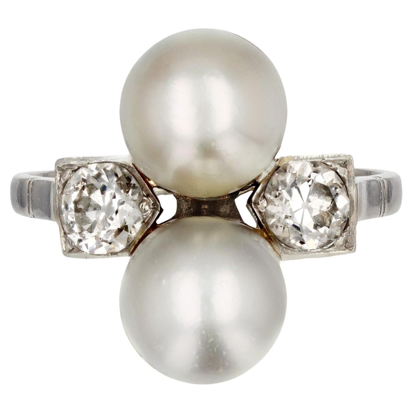 French 1925s Art Deco Fine Pearl Diamond Platinum You and Me Ring For Sale