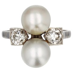 French 1925s Art Deco Fine Pearl Diamond Platinum You and Me Ring