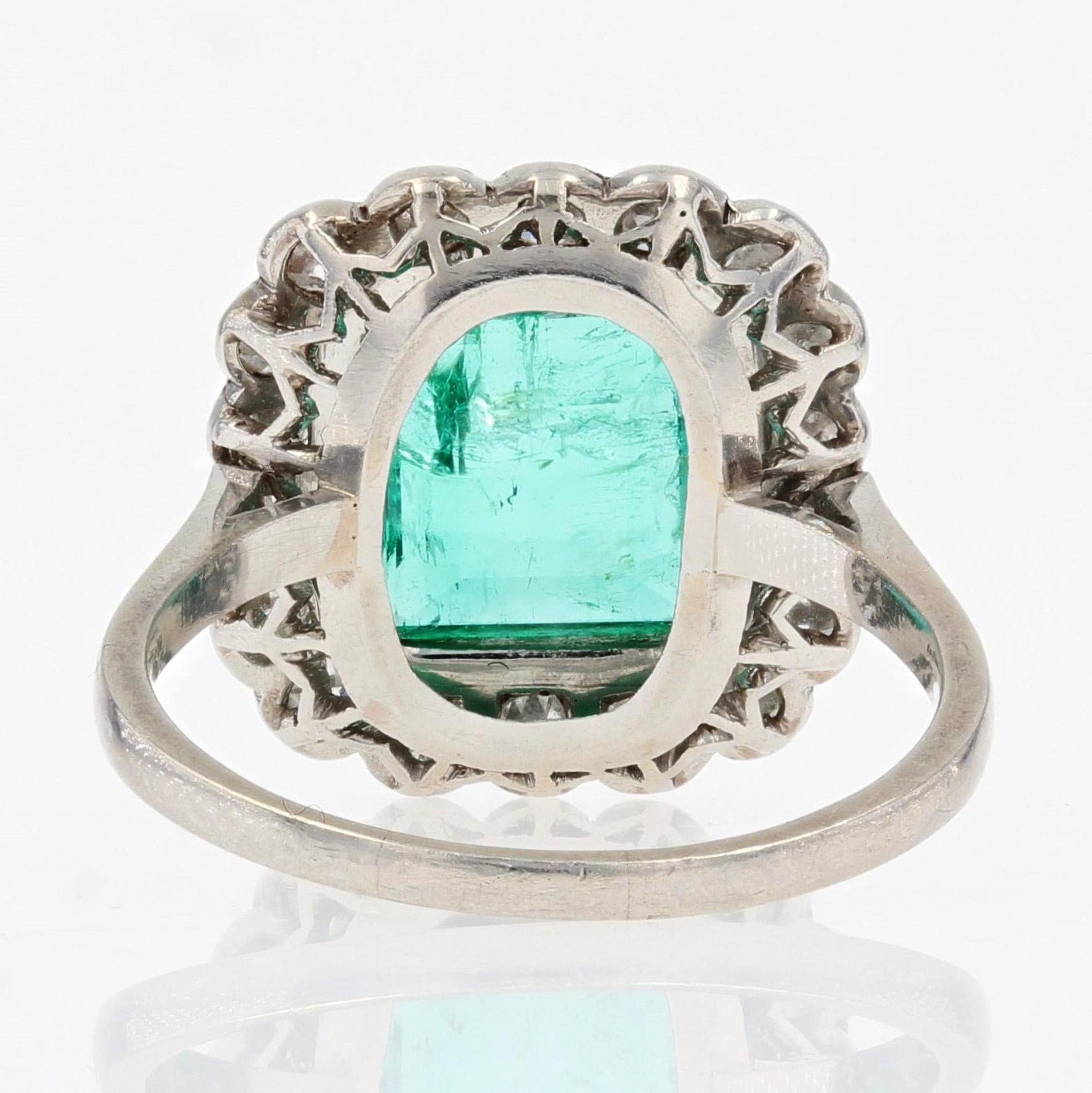 French 1925s Art Deco Insignificant Colombian Emerald Diamond Platinum Ring For Sale 10