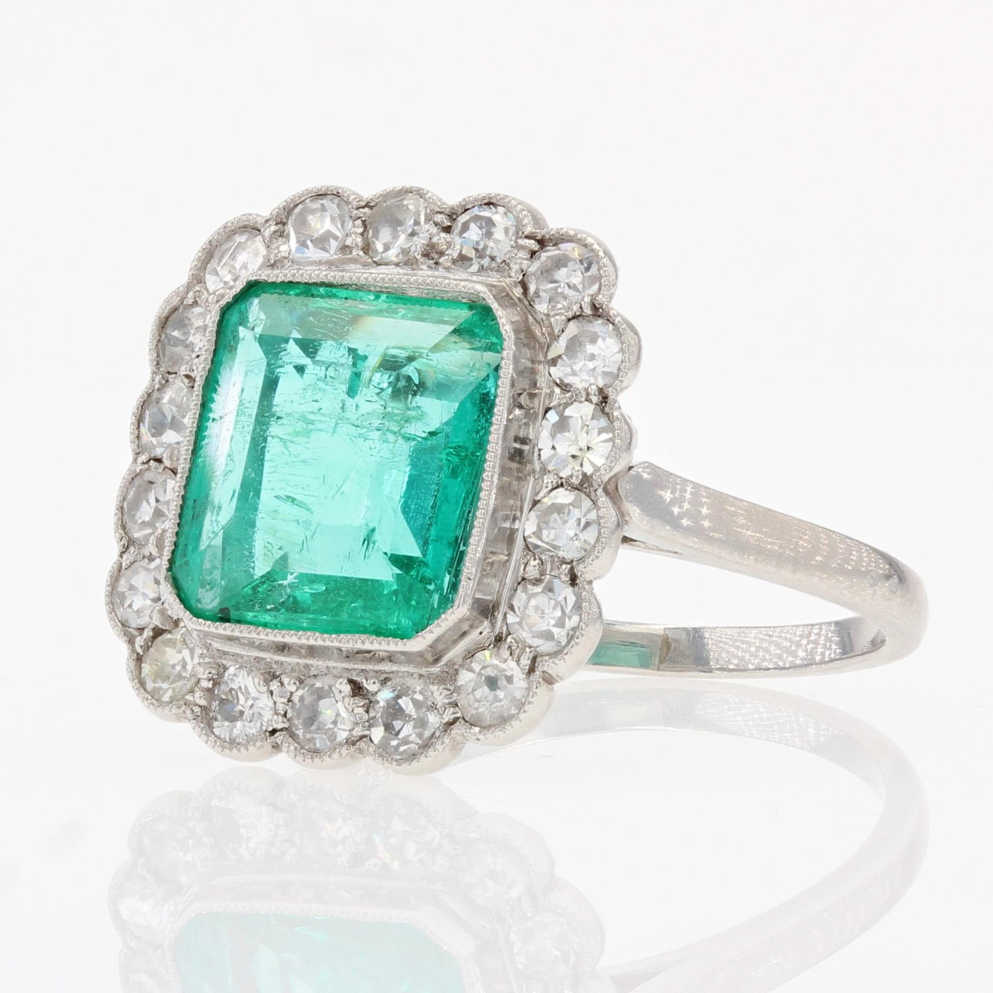 Women's French 1925s Art Deco Insignificant Colombian Emerald Diamond Platinum Ring For Sale