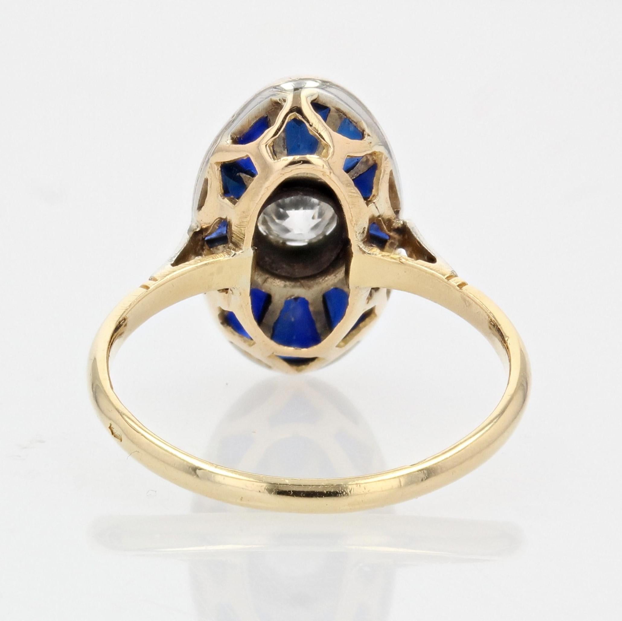 French 1925s Art Deco Sapphire Diamond 18 Karat Yellow Gold Shuttle Shape Ring For Sale 5
