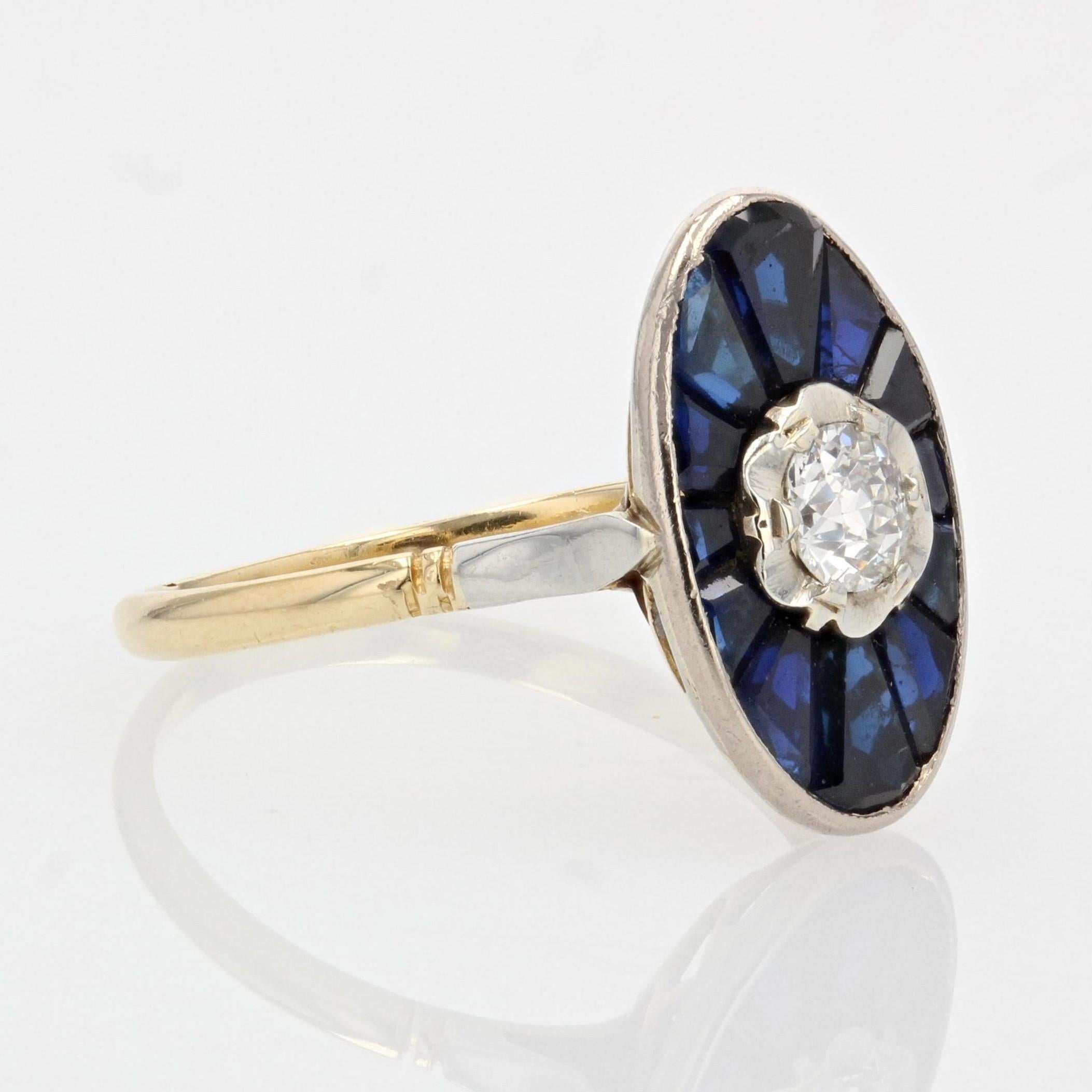 Bague Art déco française en forme de bouchon en or jaune 18 carats avec saphirs et diamants, années 1925 en vente 4