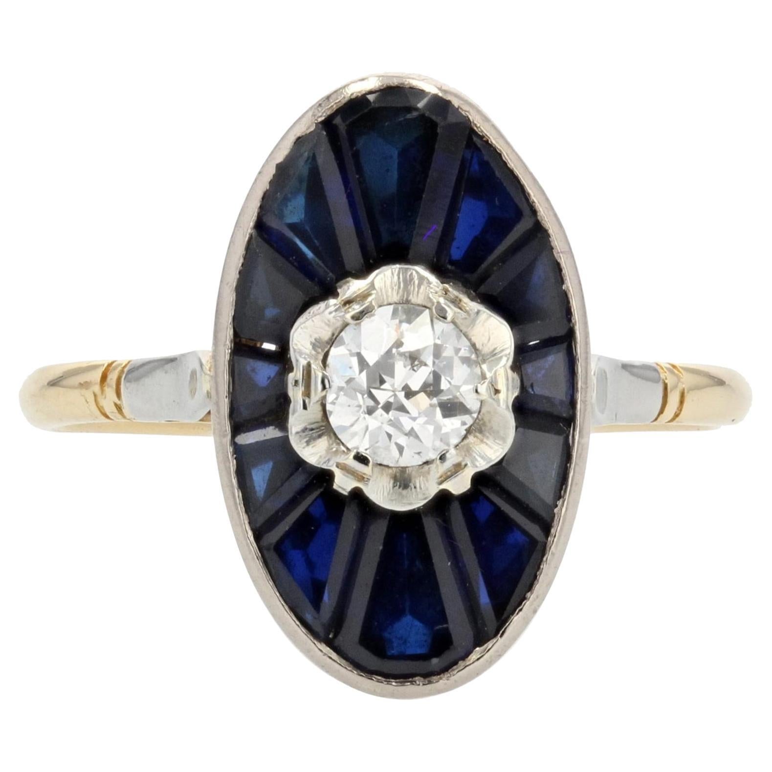 French 1925s Art Deco Sapphire Diamond 18 Karat Yellow Gold Shuttle Shape Ring