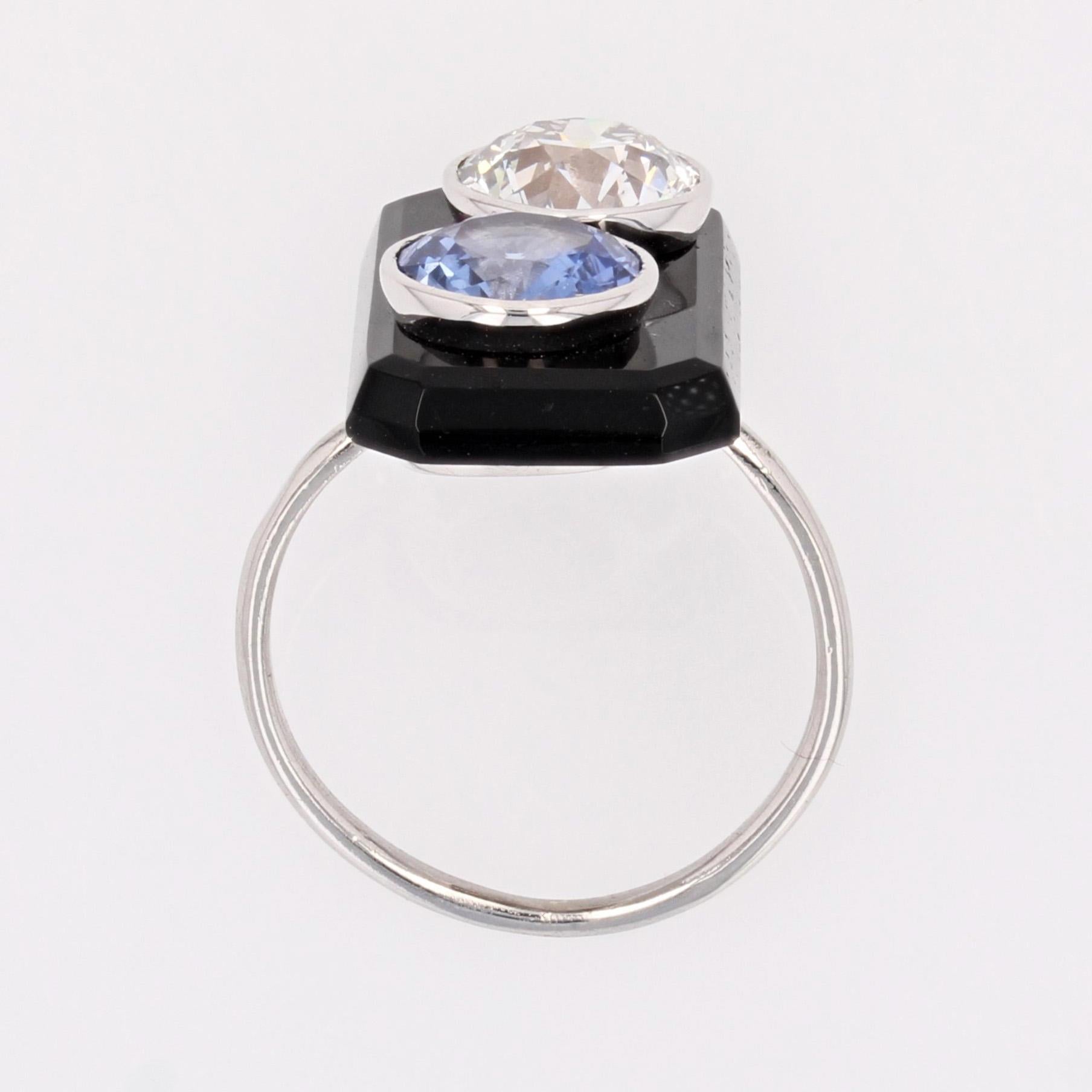 French 1925s Art Deco Sapphire Diamond Onyx Platinum Ring For Sale 11