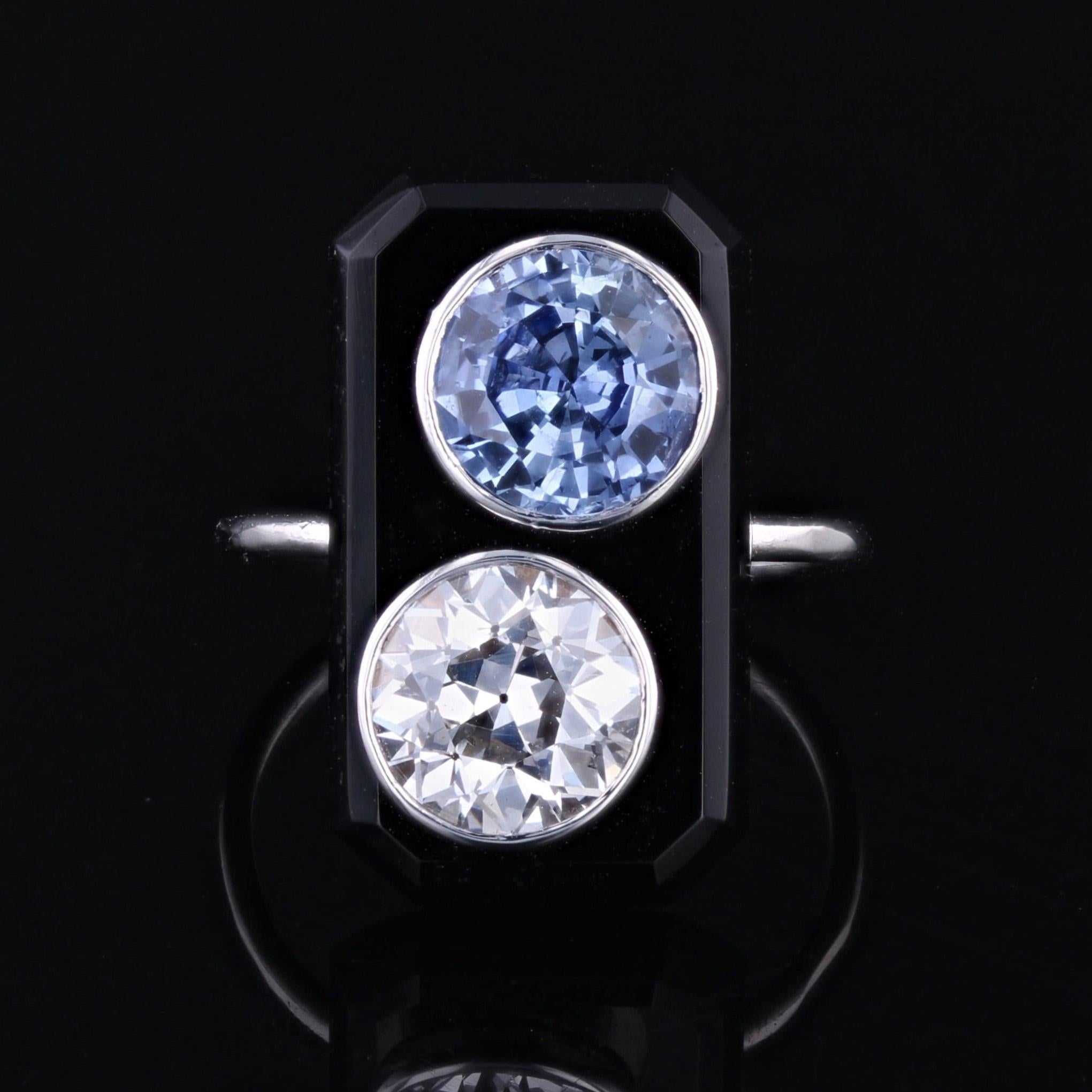 Women's French 1925s Art Deco Sapphire Diamond Onyx Platinum Ring For Sale