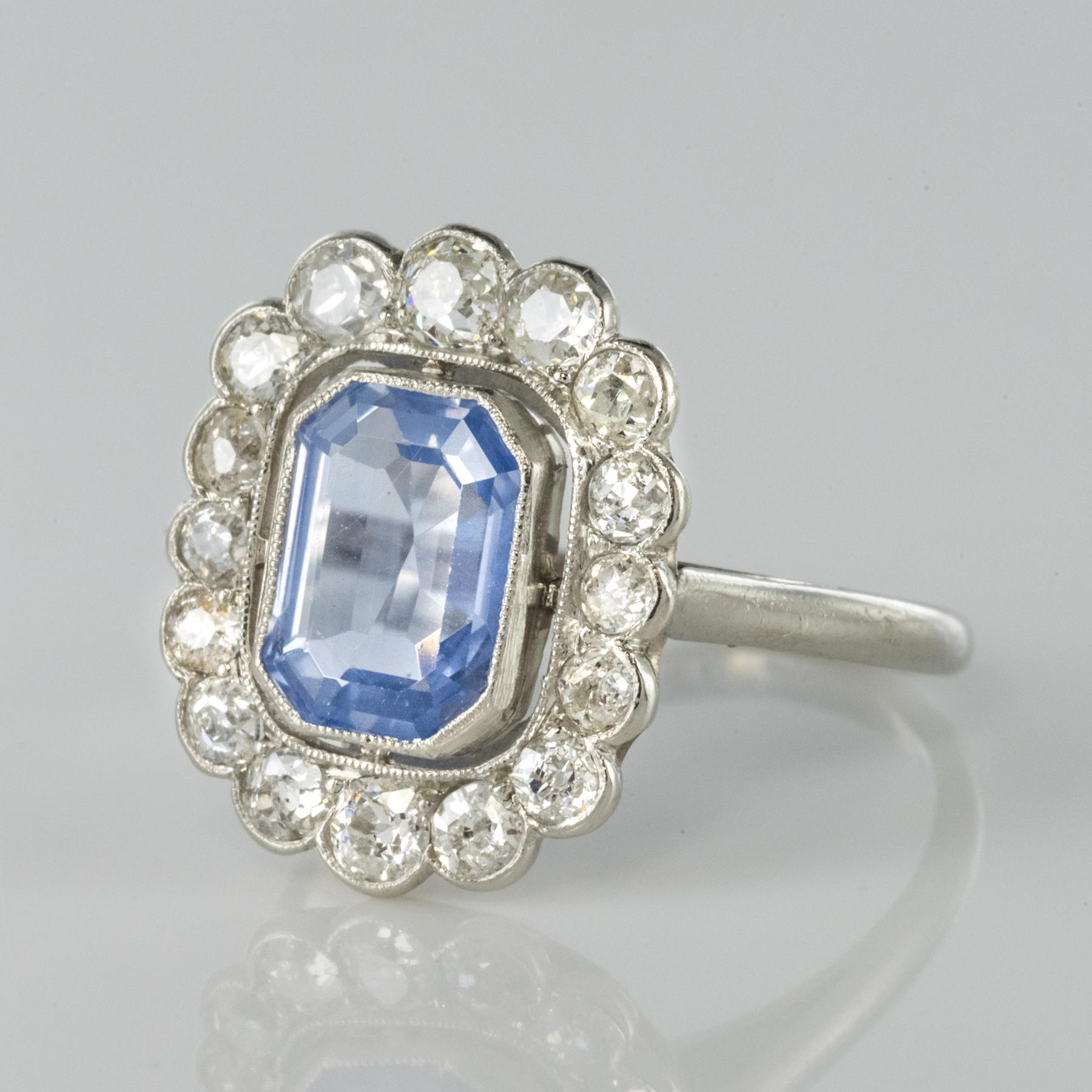 Emerald Cut French 1925s Art Deco Sapphire Diamond Platinum Cluster Ring