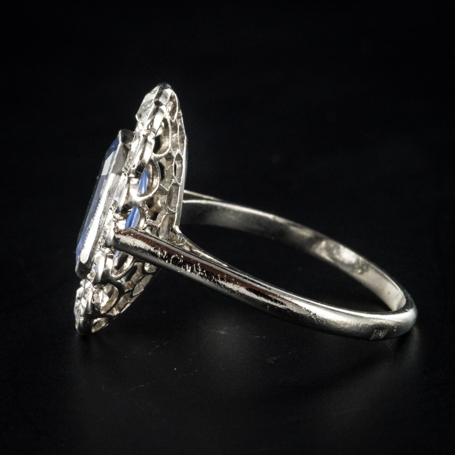 French 1925s Art Deco Sapphire Diamond Platinum Cluster Ring 2