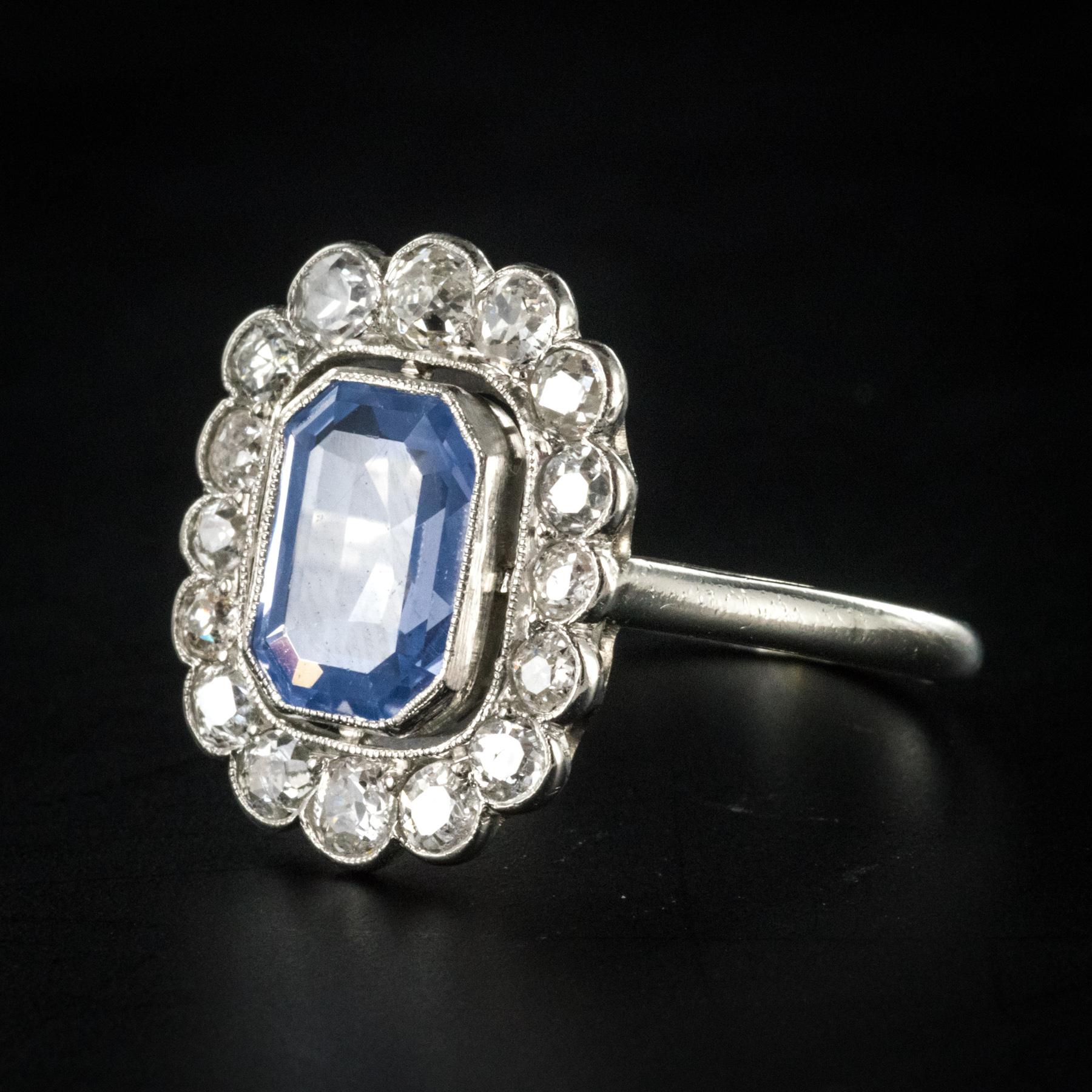 French 1925s Art Deco Sapphire Diamond Platinum Cluster Ring 4