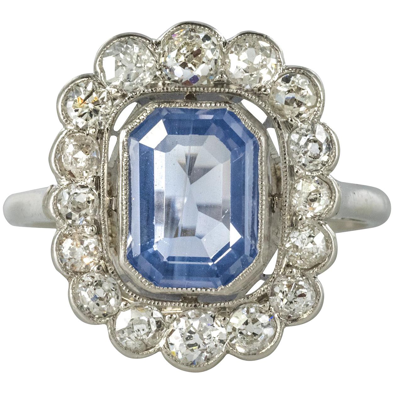 French 1925s Art Deco Sapphire Diamond Platinum Cluster Ring