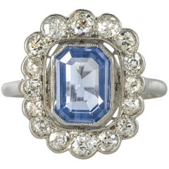 French 1925s Art Deco Sapphire Diamond Platinum Cluster Ring