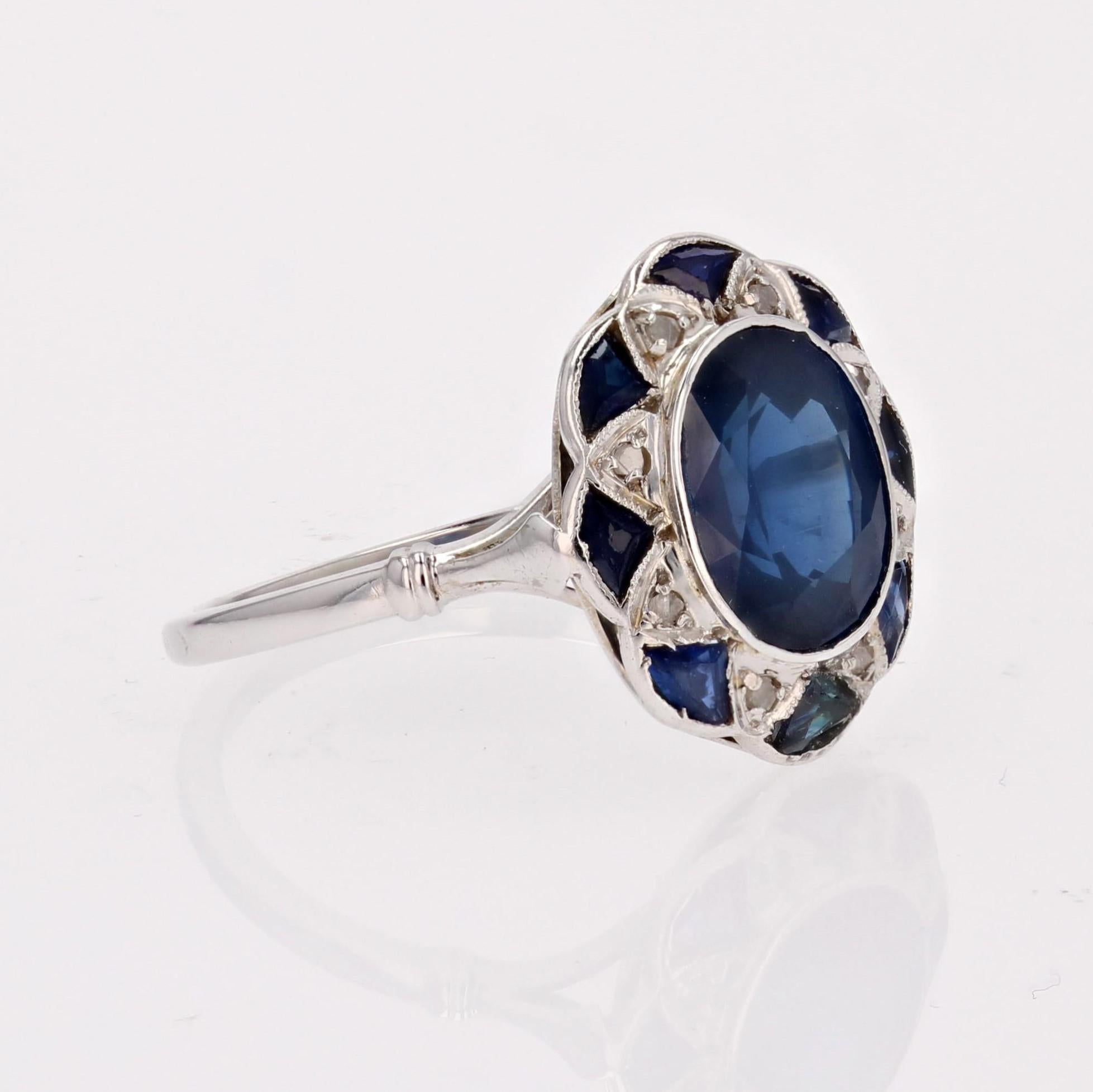 French 1925s Art Deco Sapphire Diamonds 18 Karat White Gold Platinum Oval Ring 5
