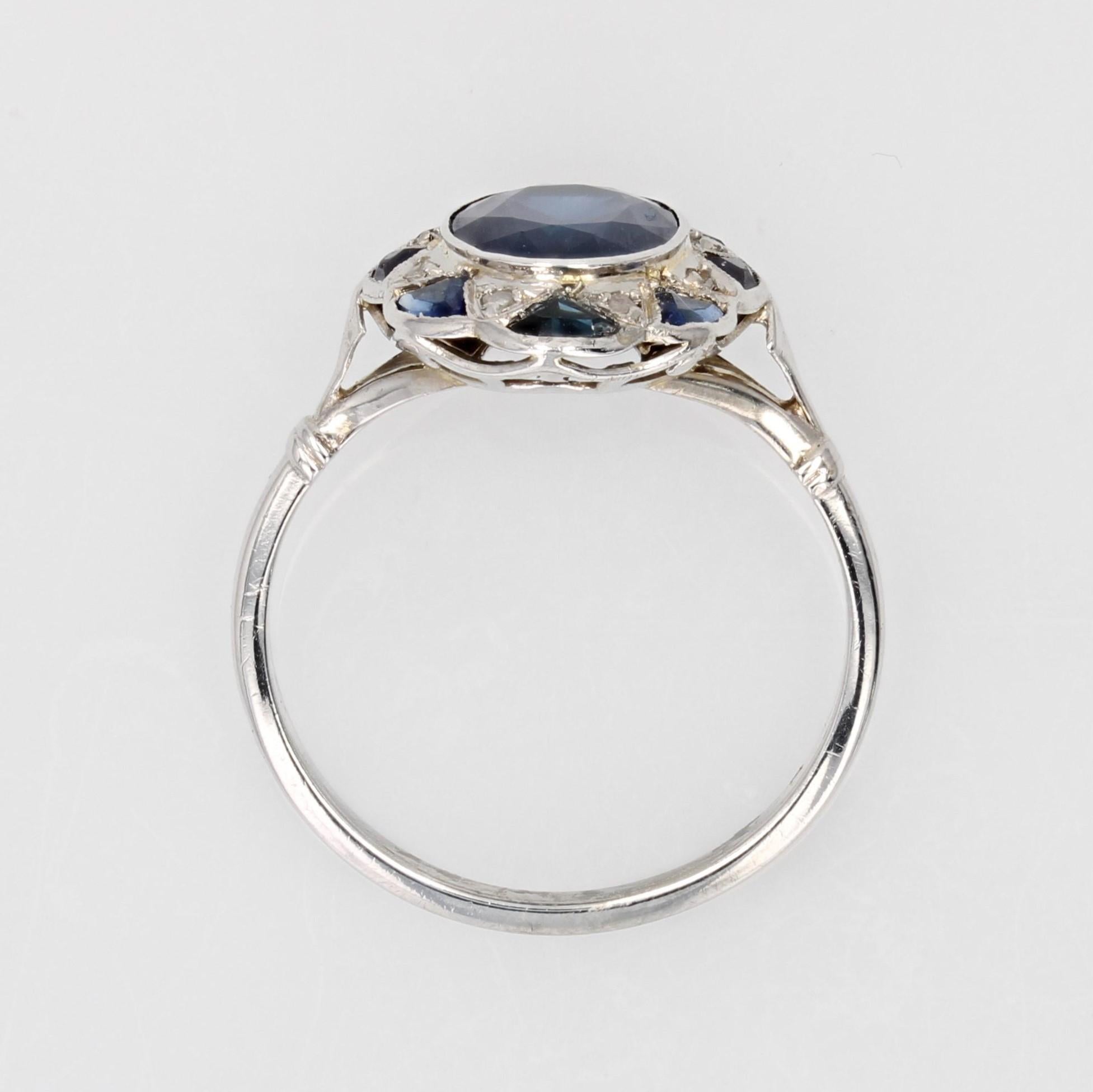 French 1925s Art Deco Sapphire Diamonds 18 Karat White Gold Platinum Oval Ring 7