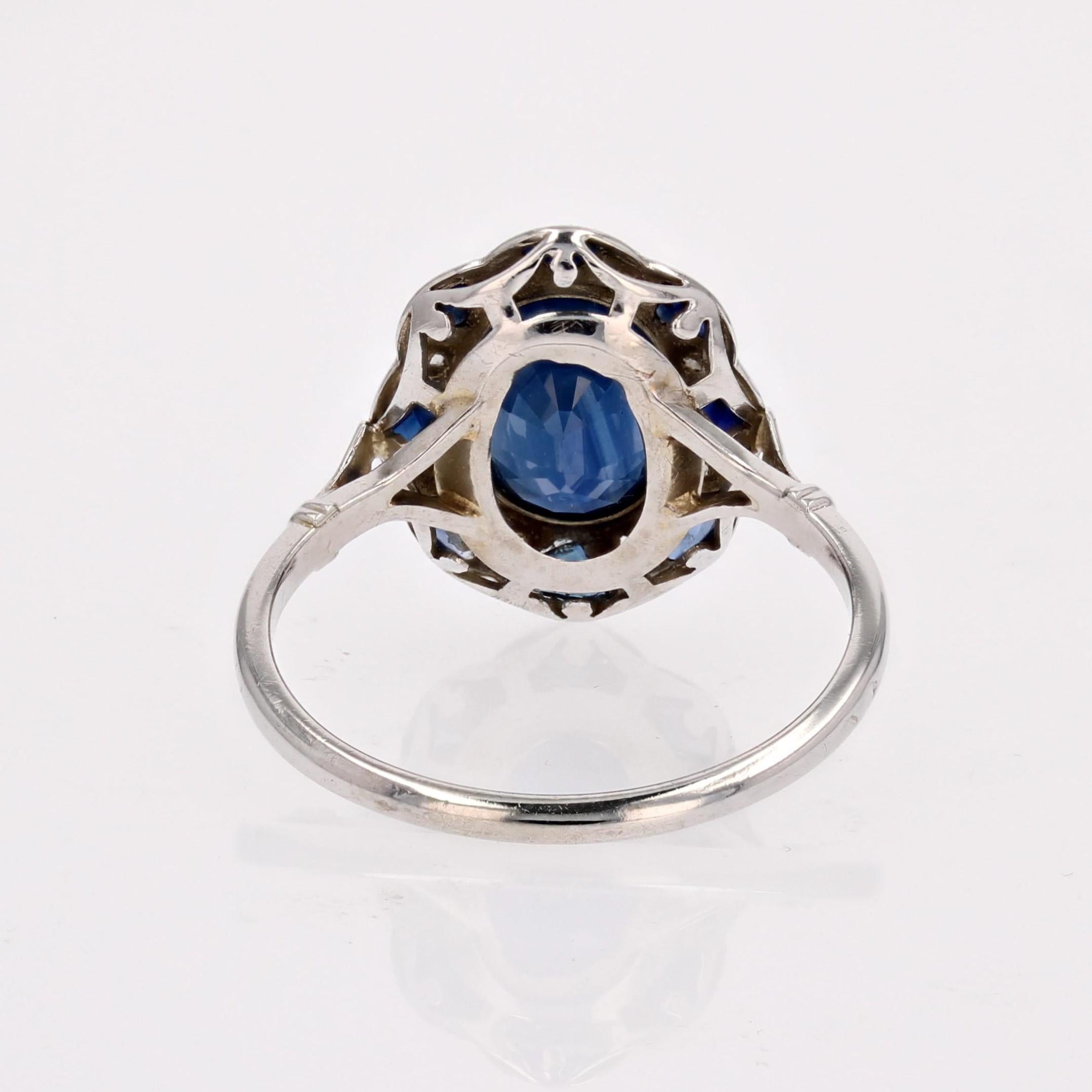 French 1925s Art Deco Sapphire Diamonds 18 Karat White Gold Platinum Oval Ring 8