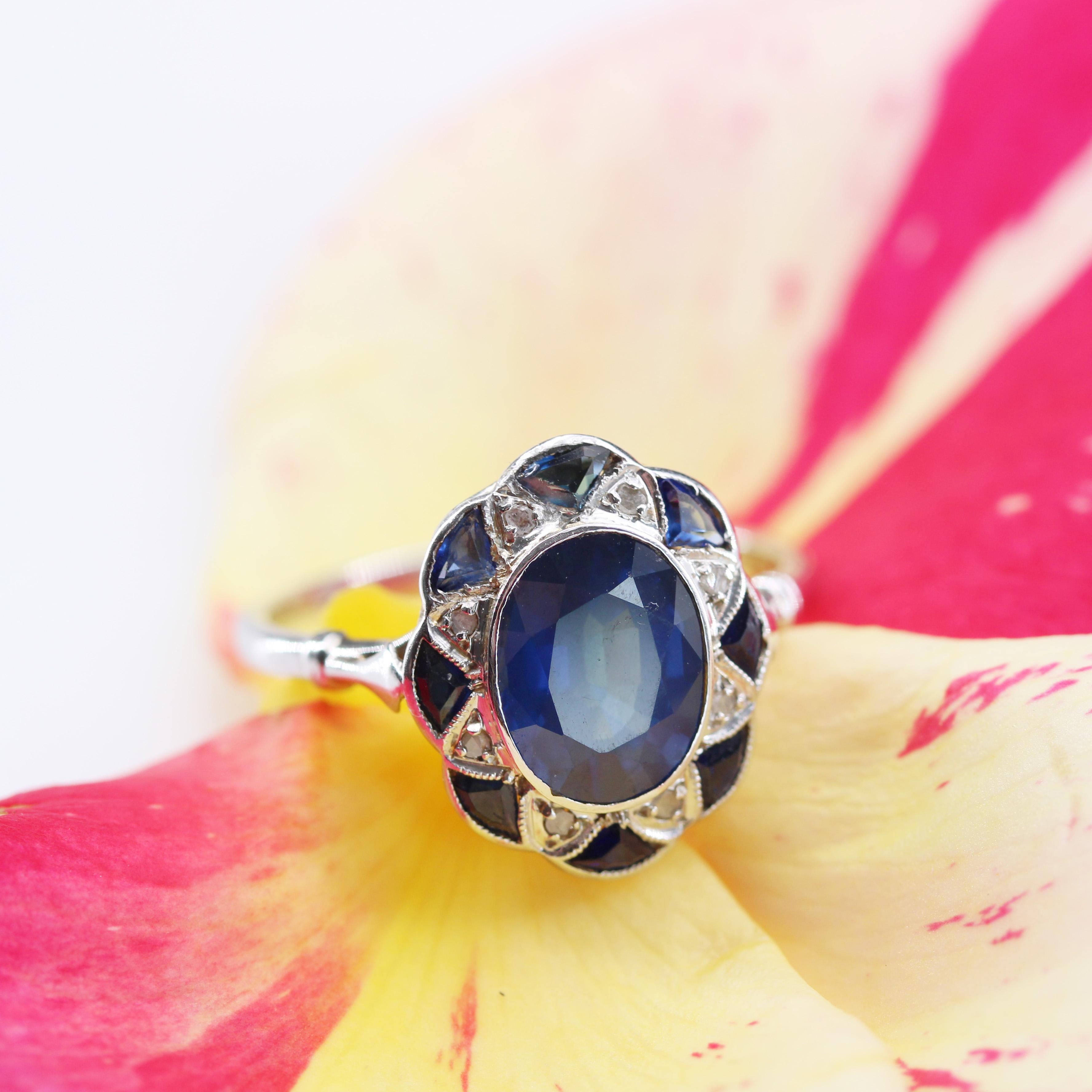 Oval Cut French 1925s Art Deco Sapphire Diamonds 18 Karat White Gold Platinum Oval Ring