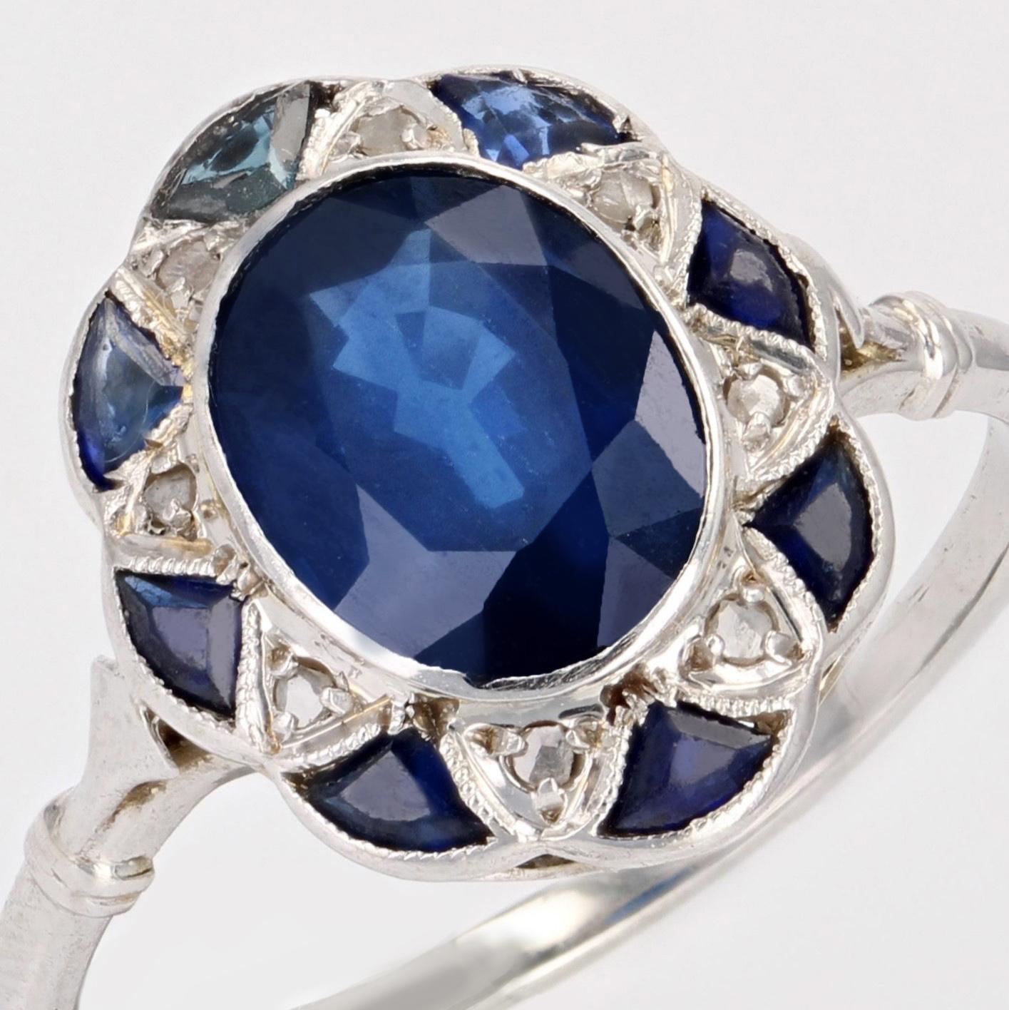 French 1925s Art Deco Sapphire Diamonds 18 Karat White Gold Platinum Oval Ring 4