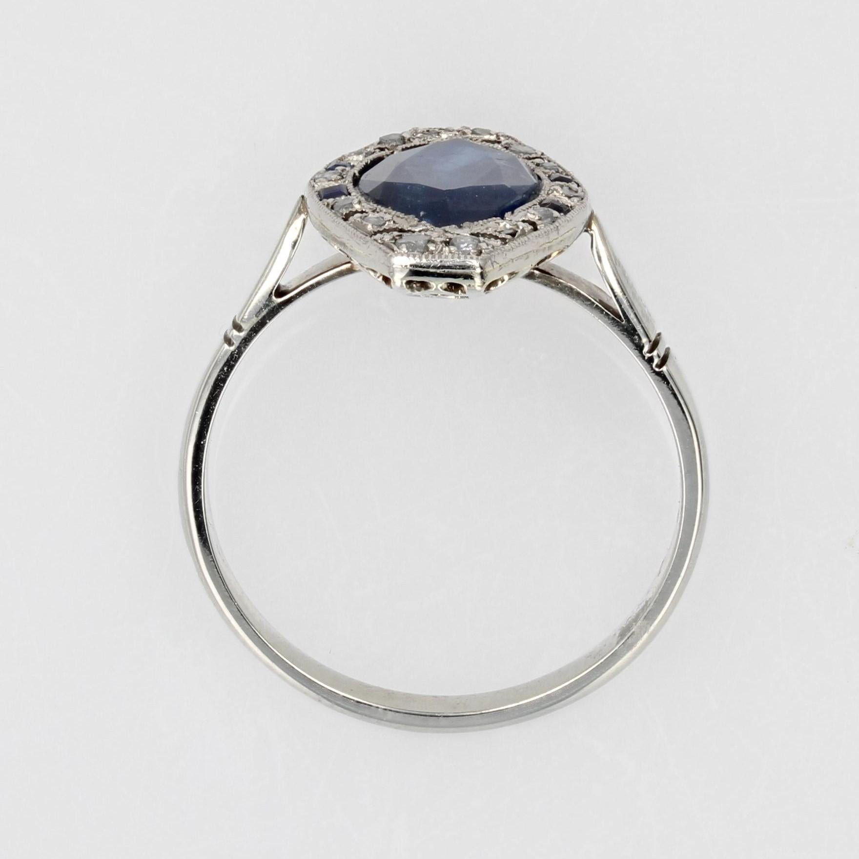 French 1925s Art Deco Sapphire Diamonds 18 Karat White Gold Shuttle Ring For Sale 5