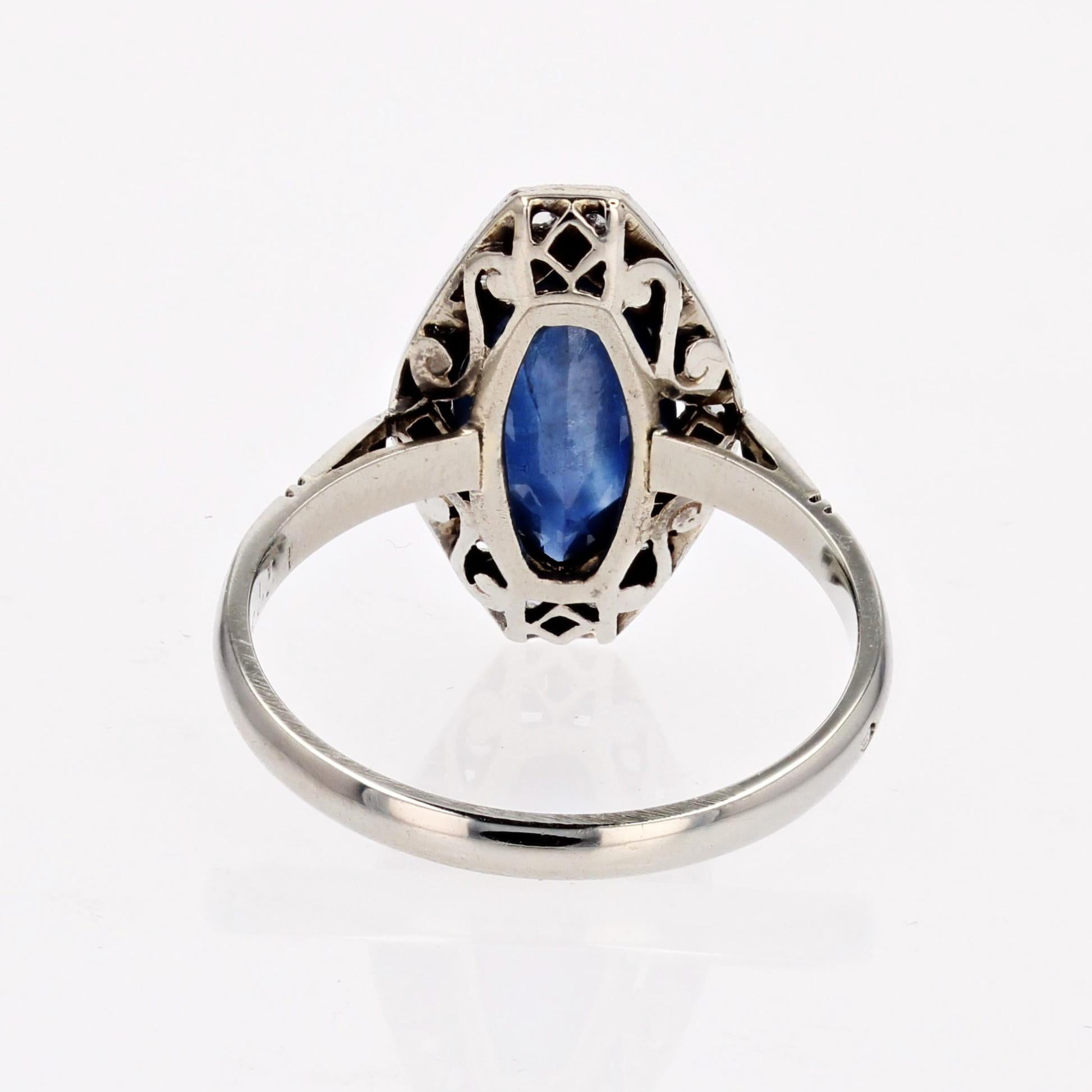 French 1925s Art Deco Sapphire Diamonds 18 Karat White Gold Shuttle Ring For Sale 6