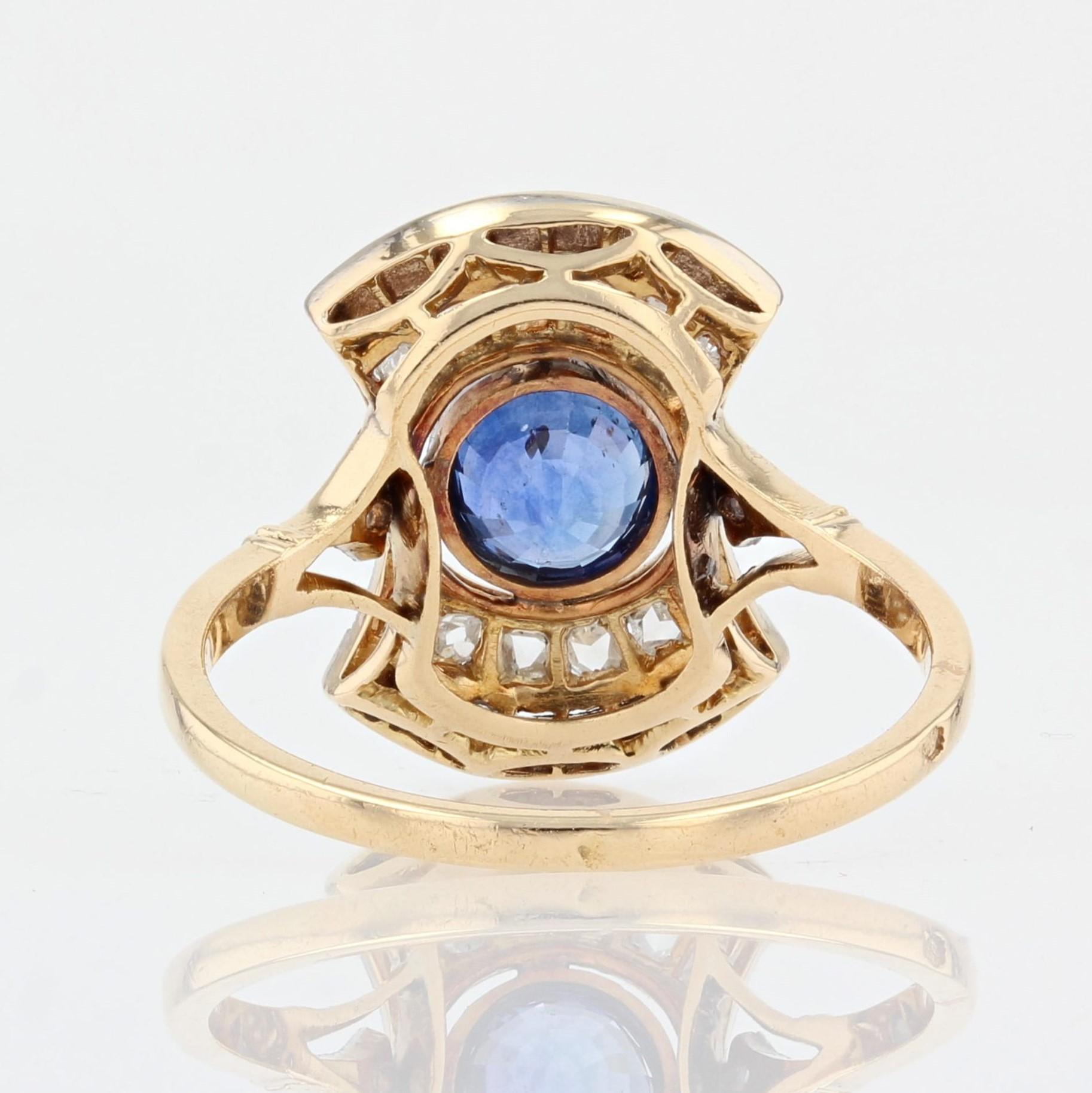 French, 1925s, Art Deco Sapphire Diamonds 18 Karat Yellow Gold Ring For Sale 7