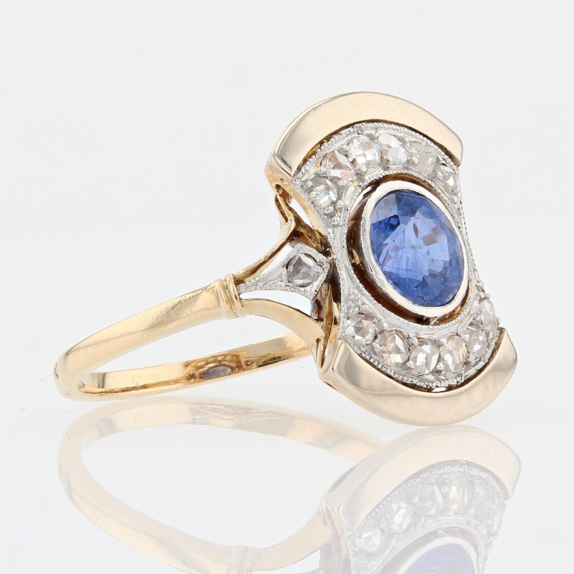 French, 1925s, Art Deco Sapphire Diamonds 18 Karat Yellow Gold Ring For Sale 3
