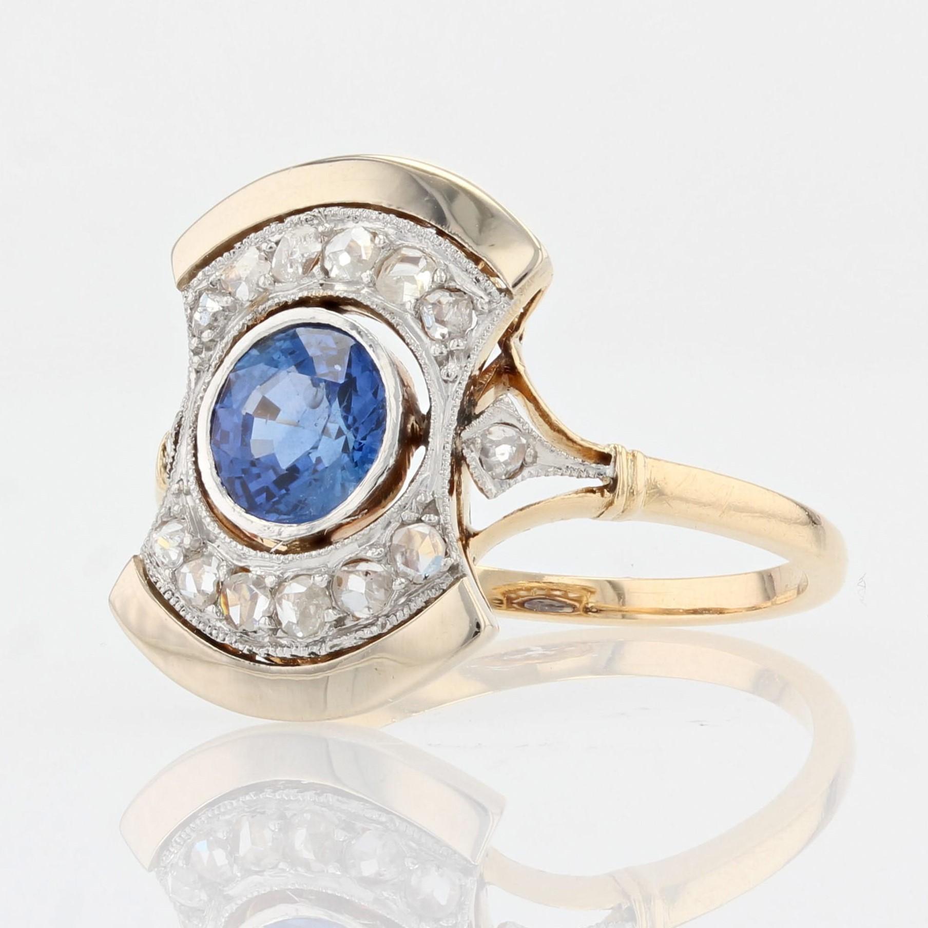 French, 1925s, Art Deco Sapphire Diamonds 18 Karat Yellow Gold Ring For Sale 1