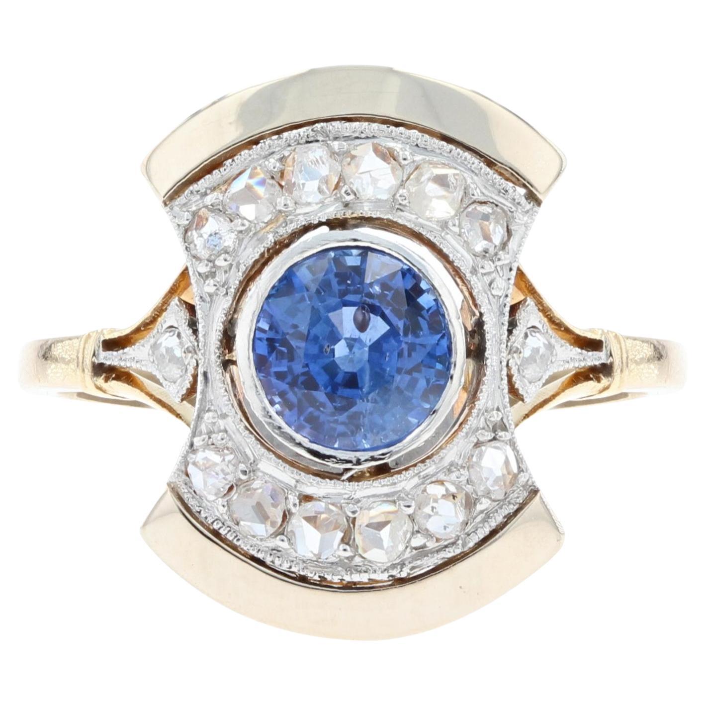 French, 1925s, Art Deco Sapphire Diamonds 18 Karat Yellow Gold Ring