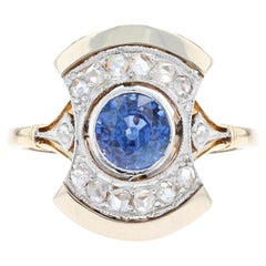 Anello francese, anni 1925, Art Deco con zaffiro e diamanti in oro giallo 18 carati